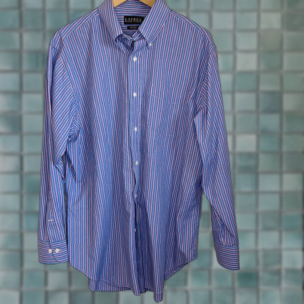 Ralph Lauren Lauren Ralph Lauren Dress Shirt Men 16.5 Striped Long Sleeve Blue Red White Multicolor Shirt Size 46R - 1 Thumbnail