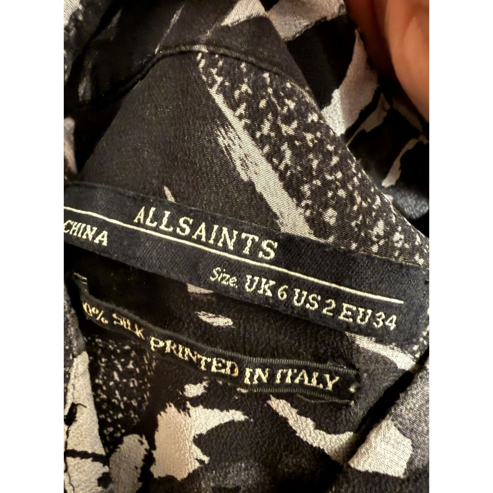Allsaints All Saints Womens Button-Up Long Sleeve Blouse Floral Black & White Silk Mock Neck Size M Colored Image Measurements Size M / US 6-8 / IT 42-44 - 3 Thumbnail