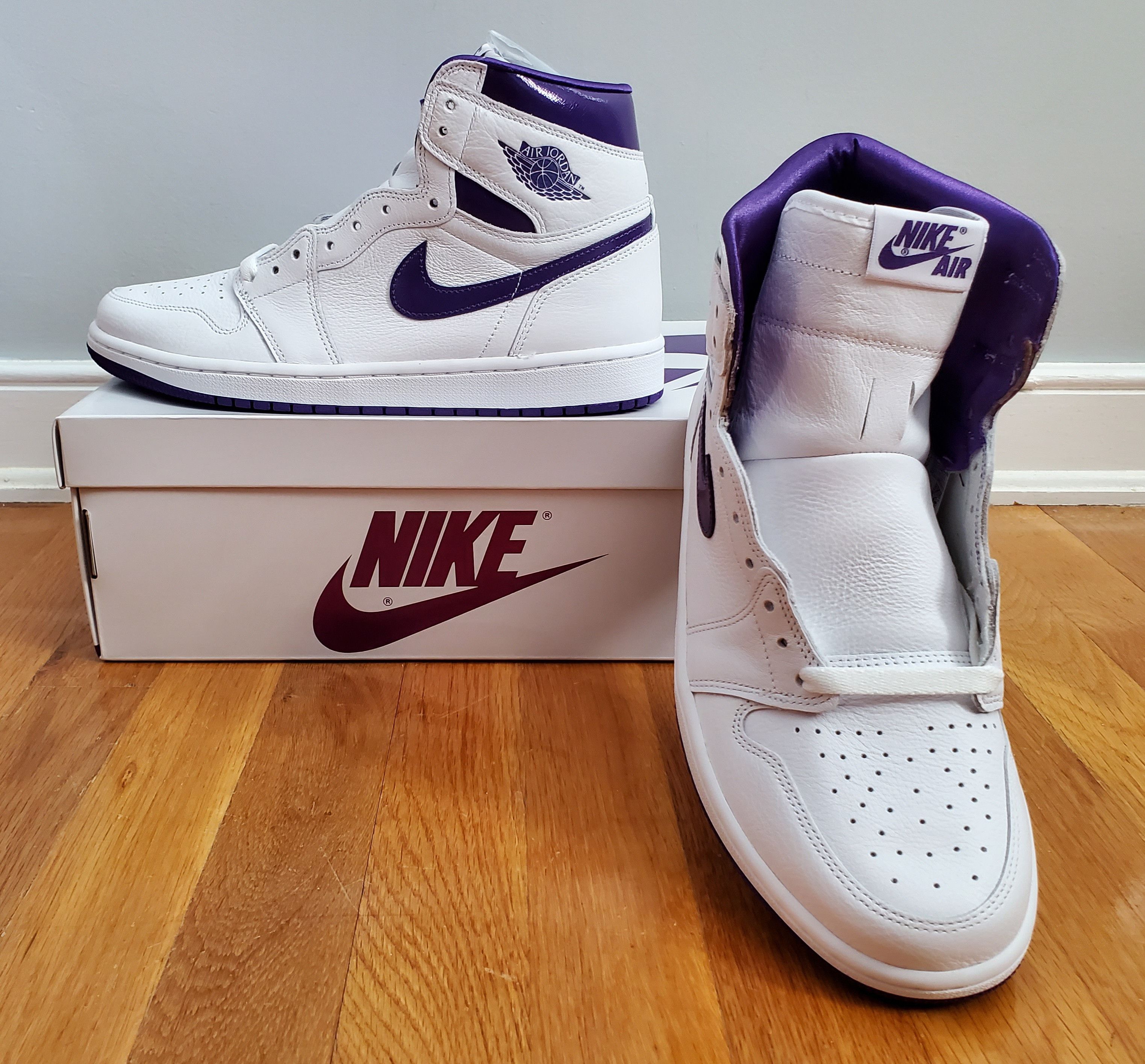 image of Nike Air Jordan 1 High OG ‘Court Purple’ Shoes in White/Purple, Women's (Size 10)