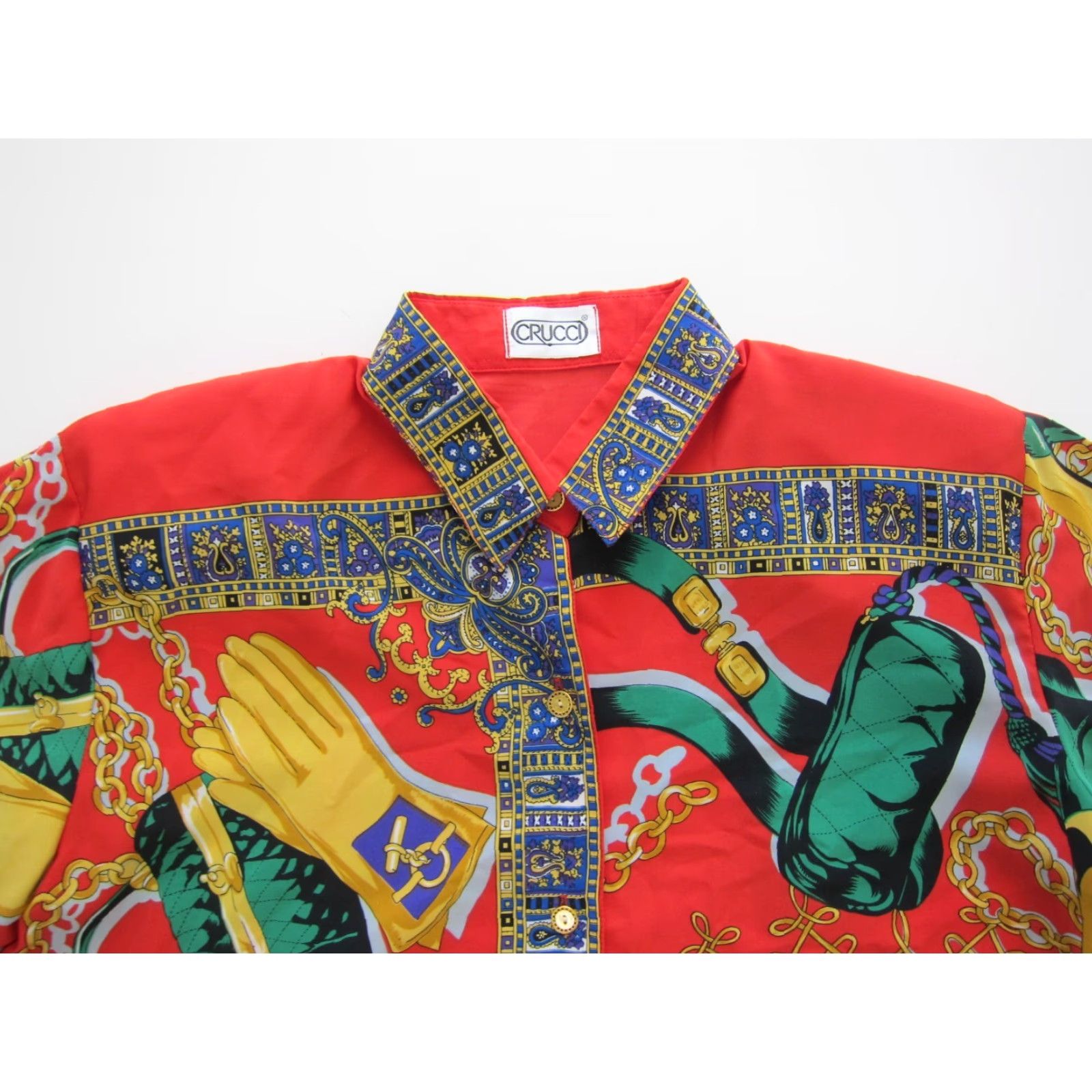 Vintage Vtg Crucci Red Green Gold Blue Floral Fashion Short Sleeve Button Blouse L-XL Size XL / US 12-14 / IT 48-50 - 3 Thumbnail