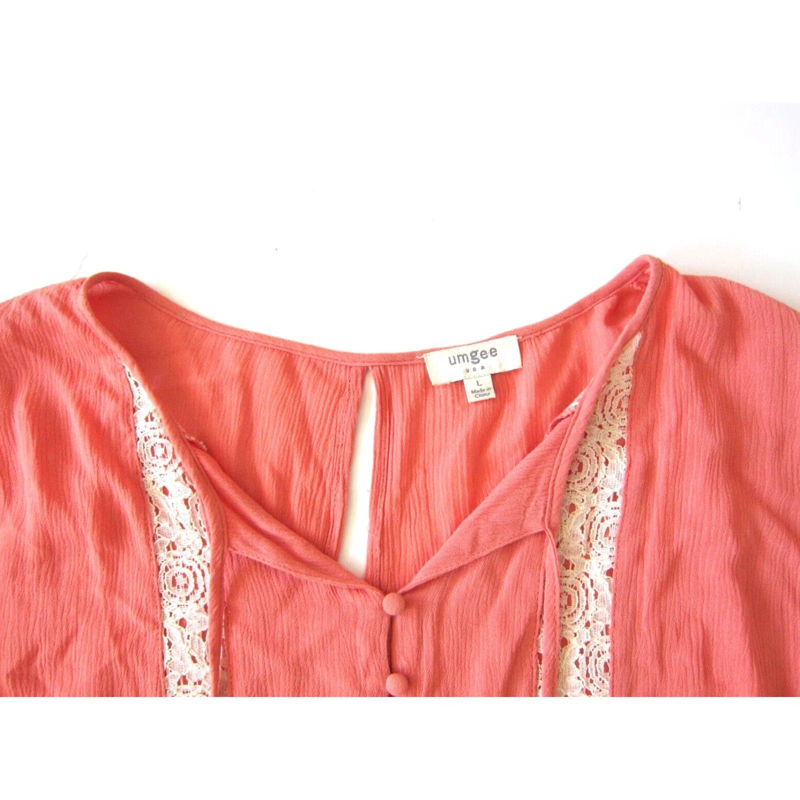 Vintage UMGEE Blouse Shirt Women Long Sleeve Tunic L Orange Ivory Lace Crochet Peasant V-Neck 100% Rayon Size L / US 10 / IT 46 - 5 Thumbnail