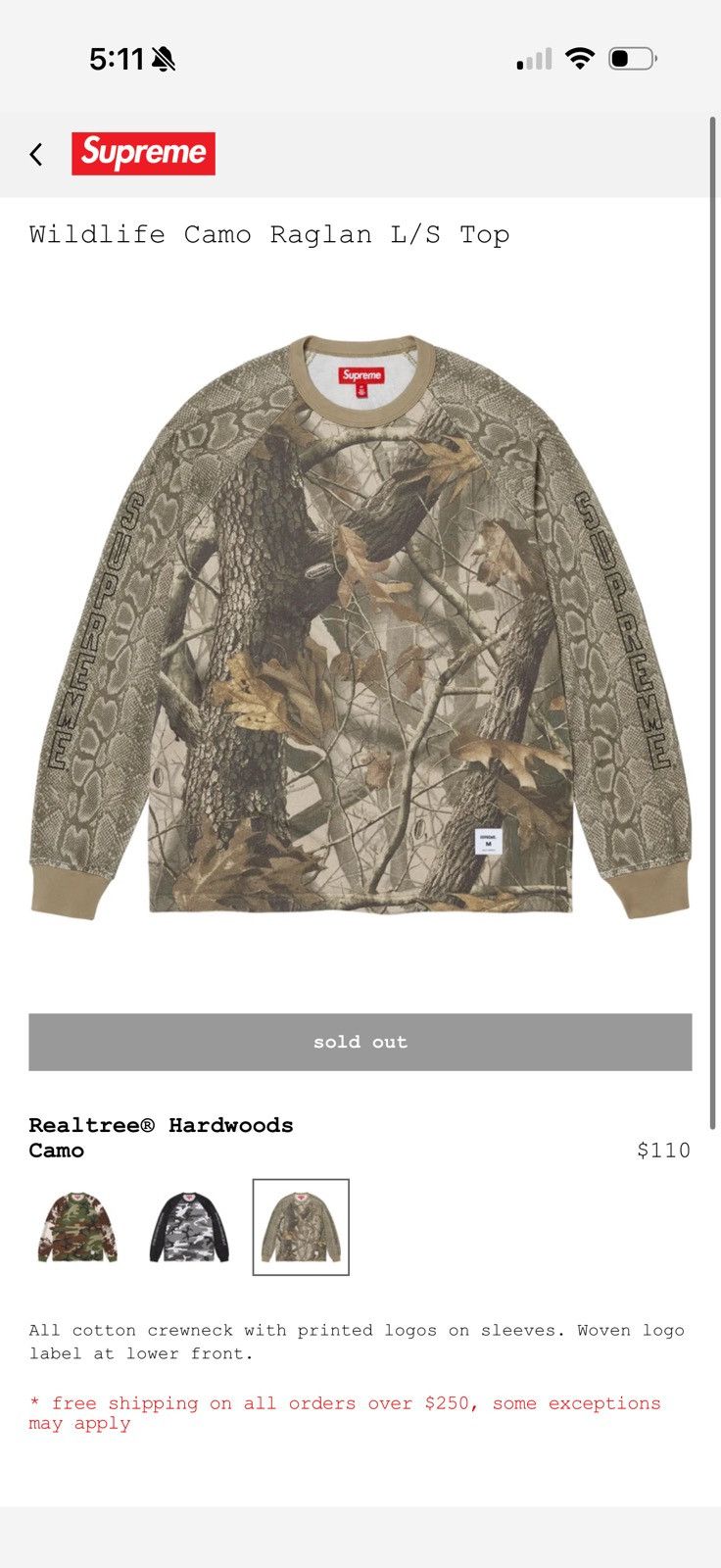Wildlife Camo Raglan L/S Top - Shop - Supreme Supreme Wildlife Camo Raglan L/S Top S