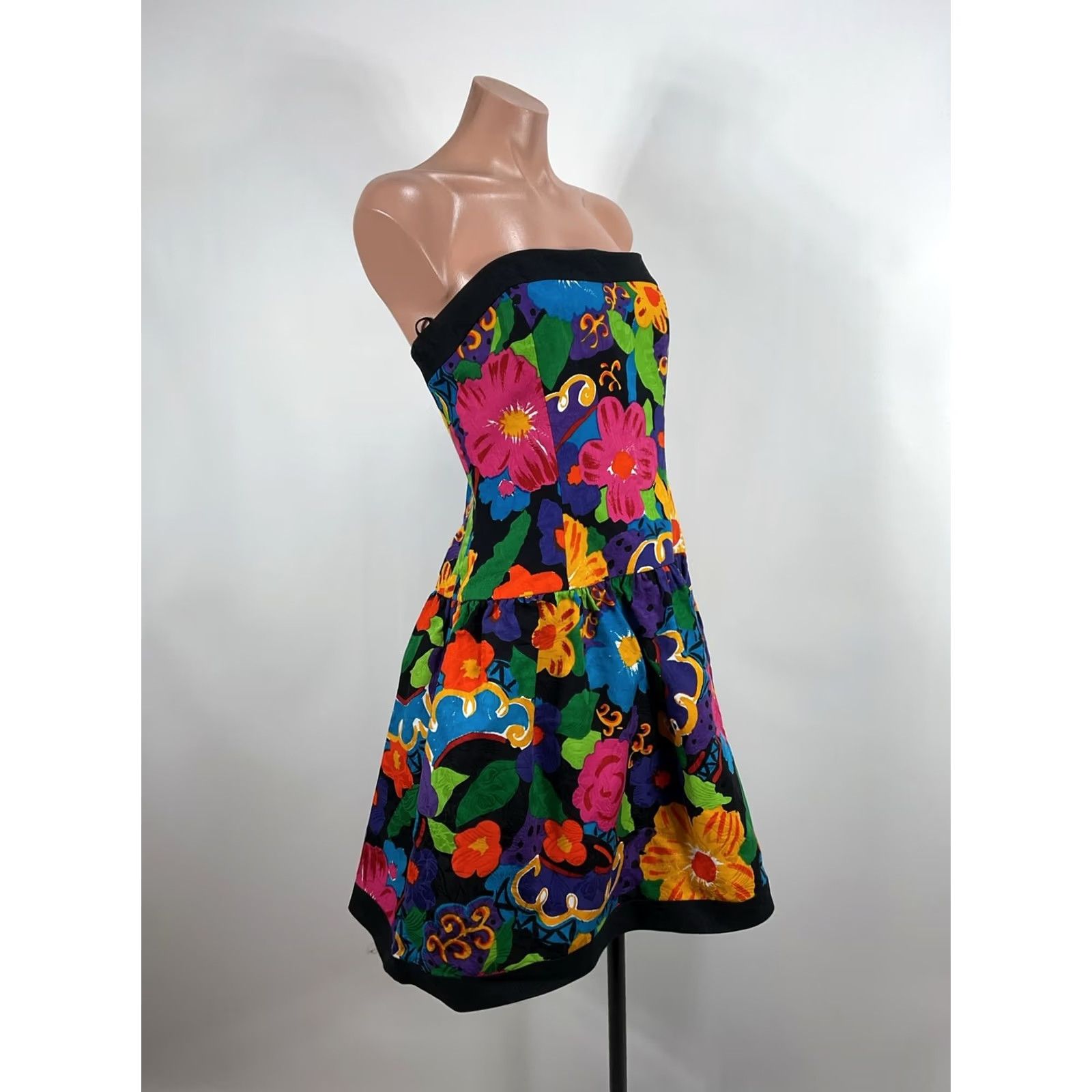 Vintage Vtg A.J. Bari Black Floral Print Cotton Strapless Fit Flare Dress Sz 14 NWT 90s Size XL / US 12-14 / IT 48-50 - 4 Thumbnail