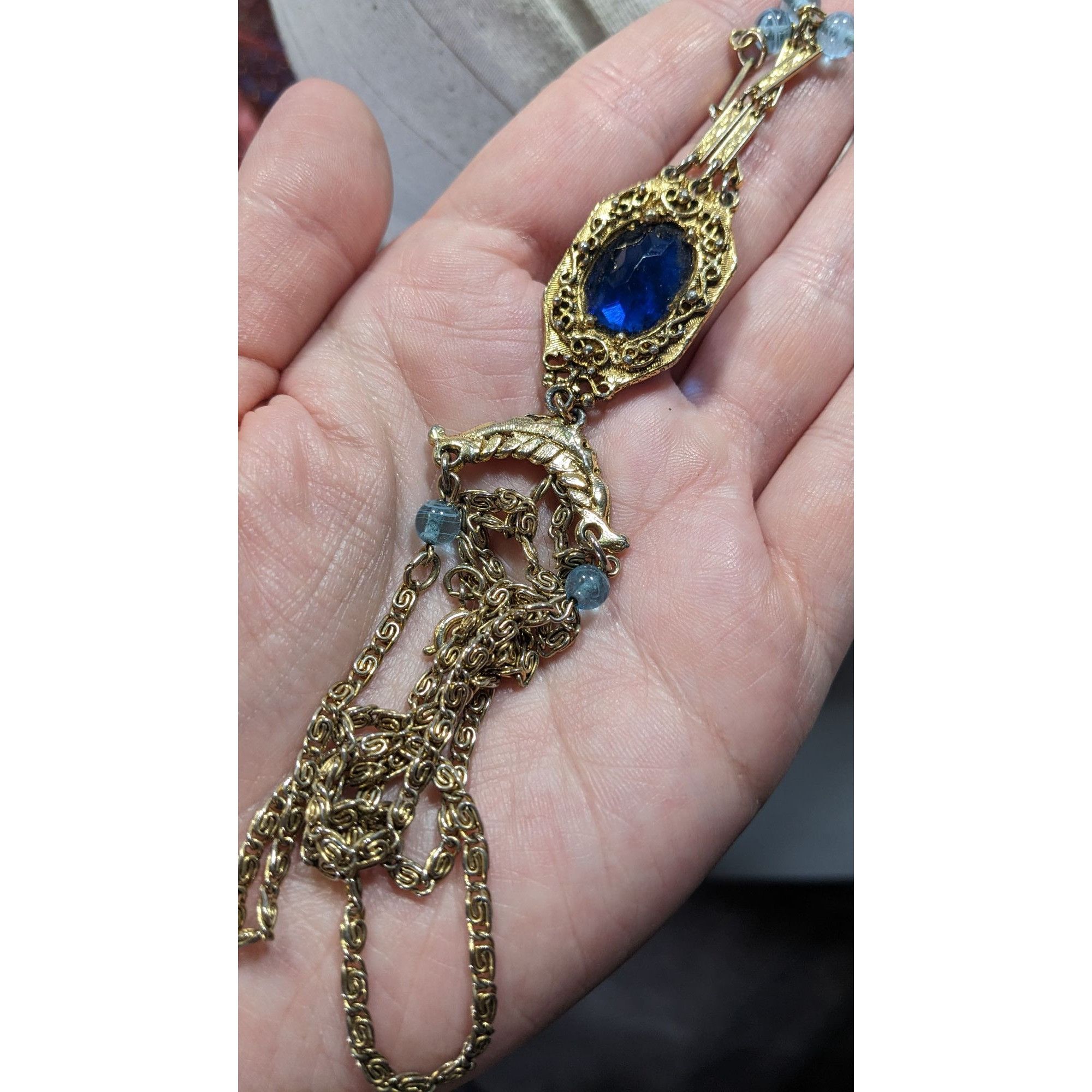 Other Antique Regal Flapper Style Gold-Tone Necklace With Blue Gl Size ONE SIZE - 4 Thumbnail