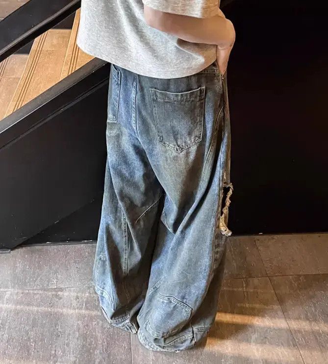 Japanese Brand Retro washed straight leg distressed jeans Size US 32 / EU 48 - 6 Thumbnail