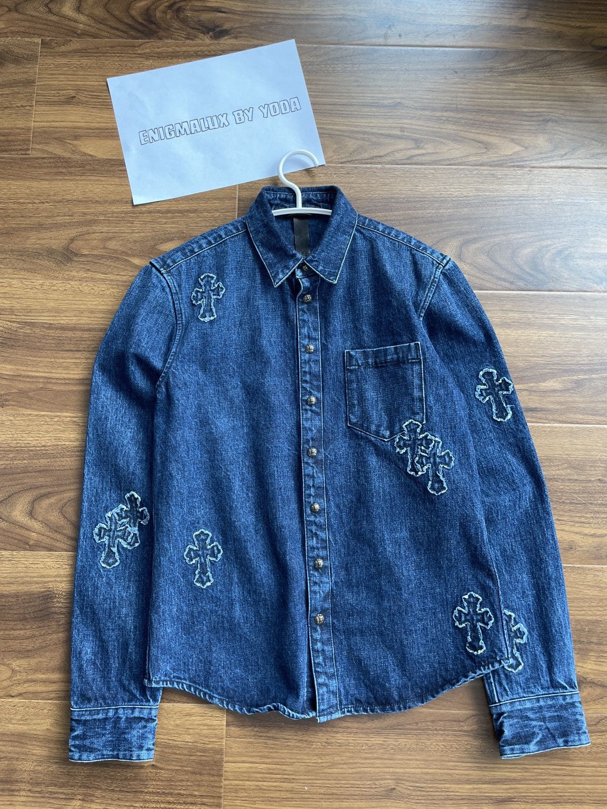 image of Chrome Hearts Patchwork Blue Denim Shirt, Men's (Size Medium)