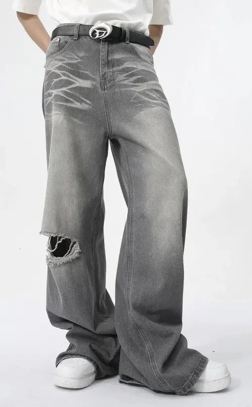 Japanese Brand Men Distressed Straight Wide Leg Contrast Jean Size US 33 - 2 Thumbnail