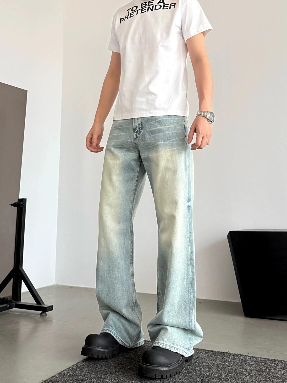 Jean Whiskered Light Blue Staight Stacked Flared Jeans Size US 32 / EU 48 - 3 Thumbnail