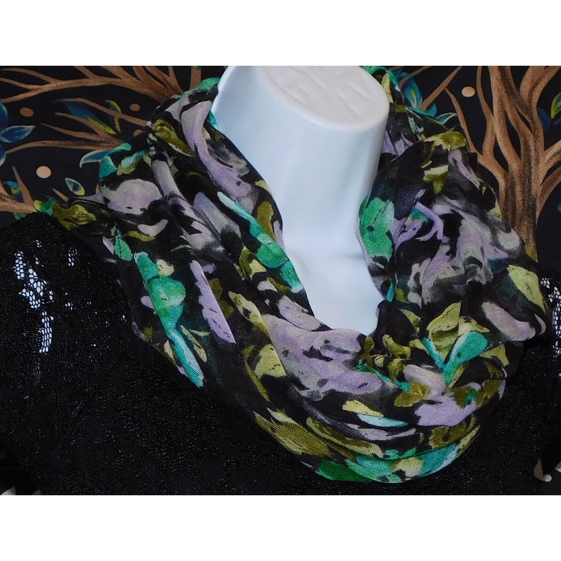 Other Cottgaecore Floral Infinity Scarf Lightweight Black With Gre Size ONE SIZE - 4 Thumbnail