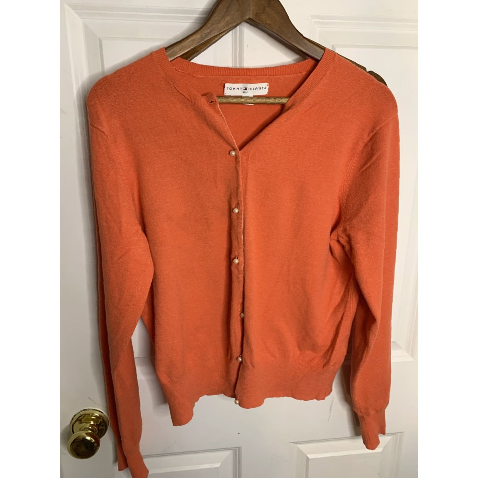 Tommy Hilfiger VINTAGE Tommy Hilfiger Golf Womens Cardigan Orange Long Sleeve L Pearl Button Mens? Girls? Wait. Size L / US 10 / IT 46 - 2 Thumbnail