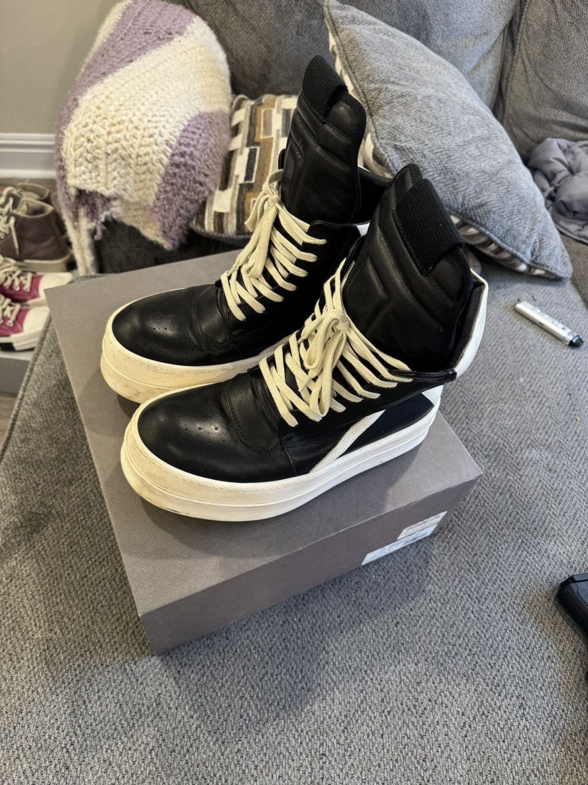 Rick Owens Rick Owens Geobasket Black/Milk Mega Bumper Leather Sneakers Size US 9 / EU 42 - 9 Thumbnail