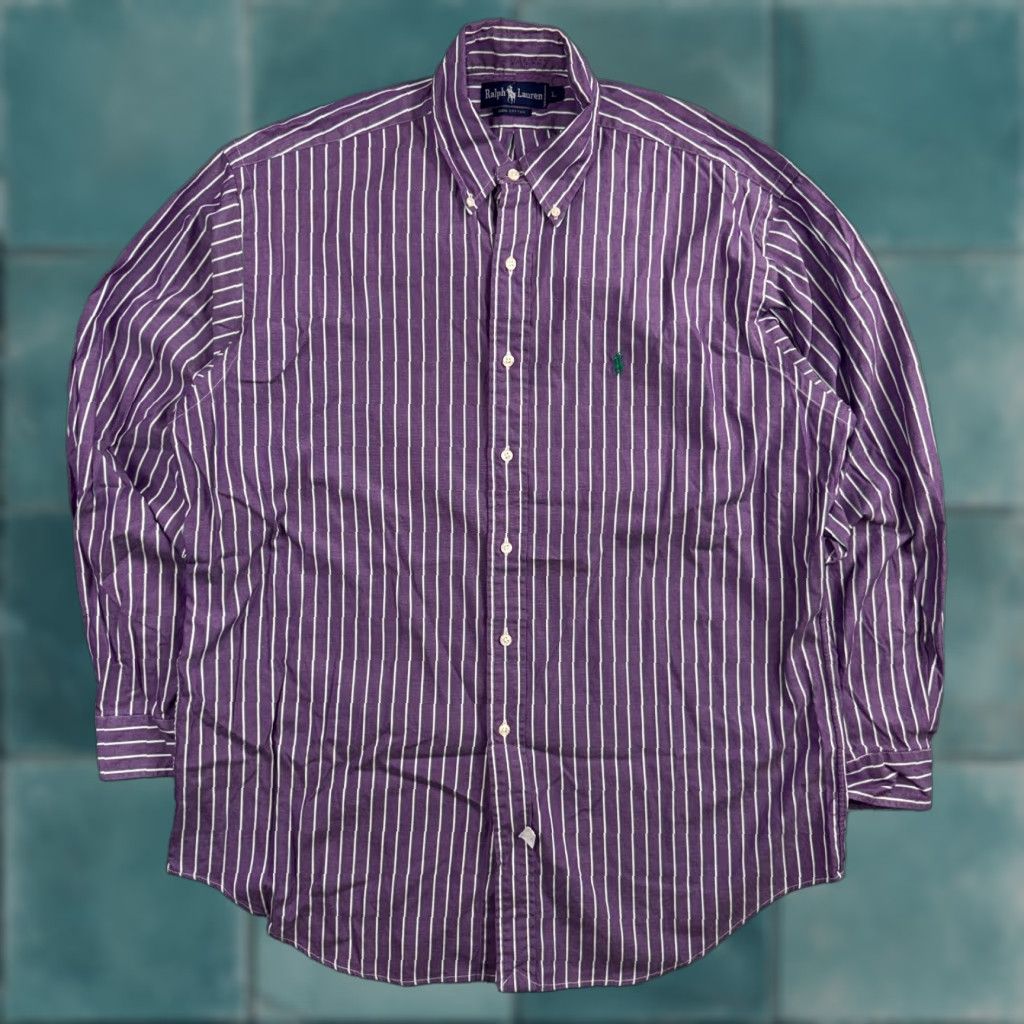 Polo Ralph Lauren VINTAGE Polo Ralph Lauren Shirt Mens Small Purple Poplin Cotton Striped Preppy Button-Up Collared Long Sleeve Regular Size US L / EU 52-54 / 3 - 1 Thumbnail