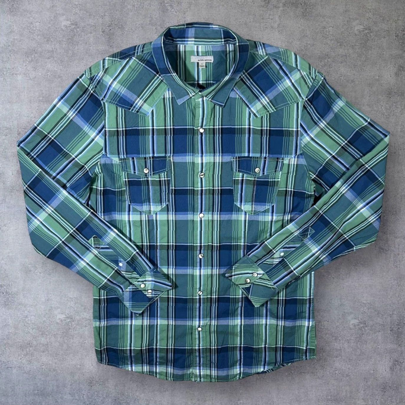 Vintage Public Opinion Cowboy Western Blue Green Plaid Check Long Sleeve Popper Shirt XL Men Regular 100% Cotton Button-Up Men’s Western Shirt Size US L / EU 52-54 / 3 - 2 Thumbnail