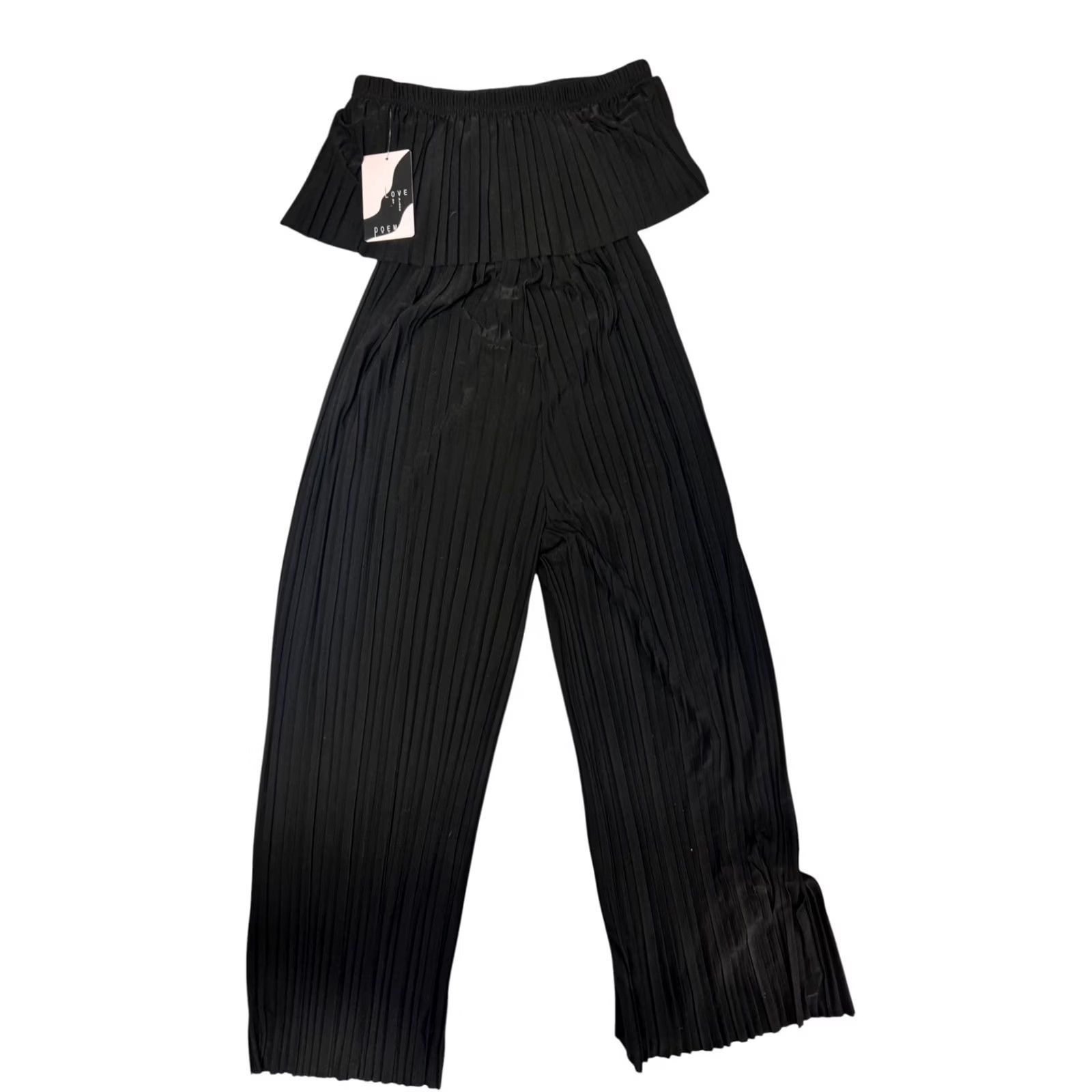 Vintage Love Poem by Block Jumpsuit Women's Black Off-the-Shoulder Pleated Ruffle Wide-Leg Size S Size 28" / US 6 / IT 42 - 4 Thumbnail