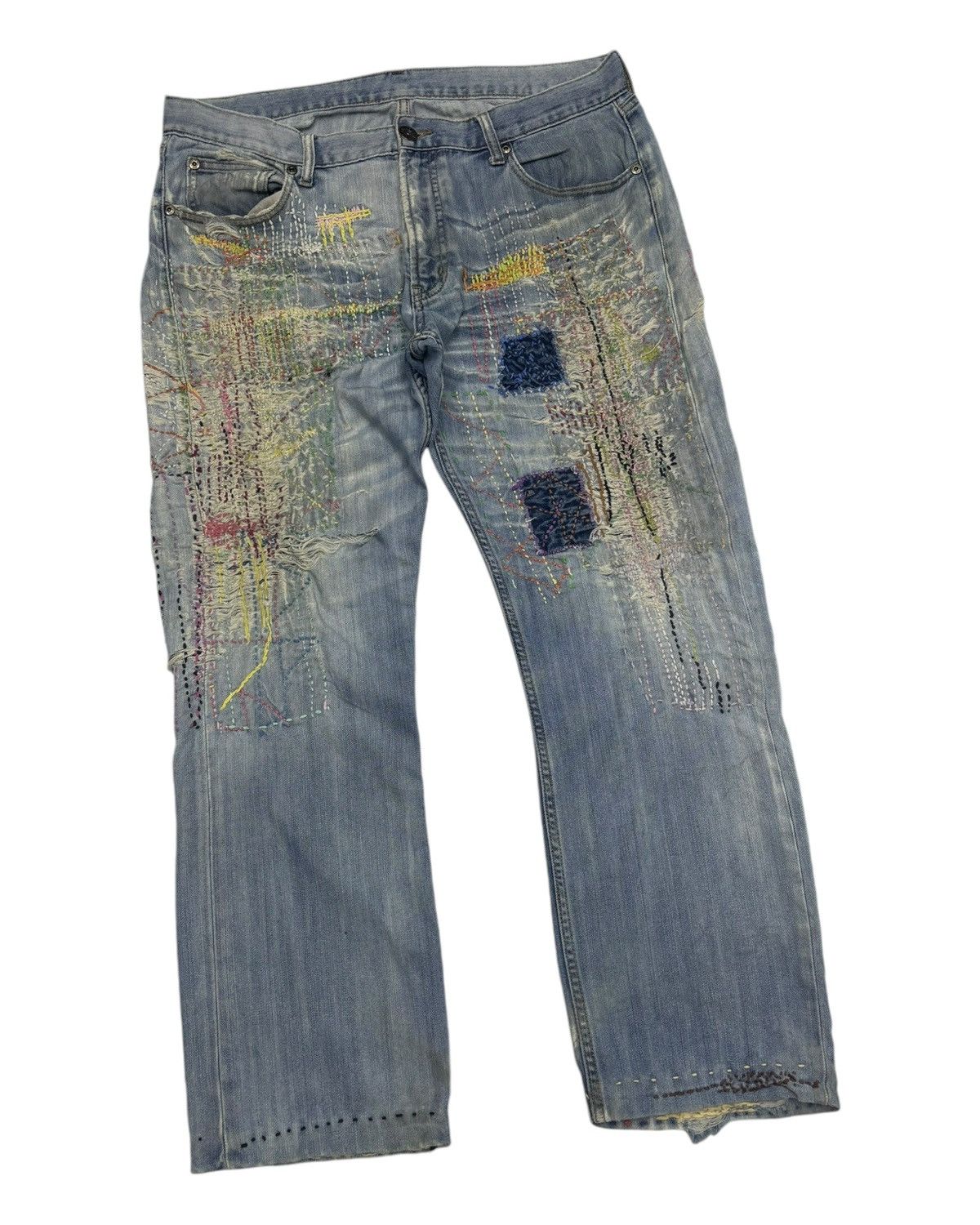 Beauty Beast VINTAGE CLOSSHI HAND KNIT DISTRESSED DENIM JEANS Size US 35 - 5 Thumbnail