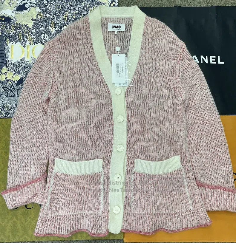 Maison Margiela Pink and white-edged knitted hollow cardig