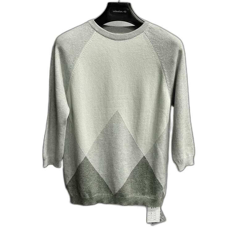 Gray and Green Geometric Pattern Knit Sweater