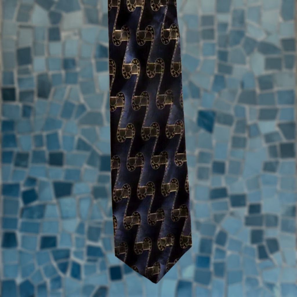 Vintage J. Ferrar Silk Tie Striped 100% Imported Silk Blue Navy Gold Mens Tie | Men’s Tie Size ONE SIZE - 1 Thumbnail