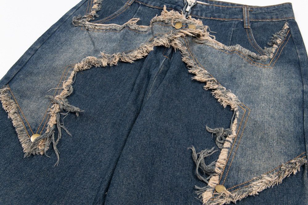 Japanese Brand × Jean Men's raw edge distressed washed loose star patch jeans Size US 34 / EU 50 - 5 Thumbnail