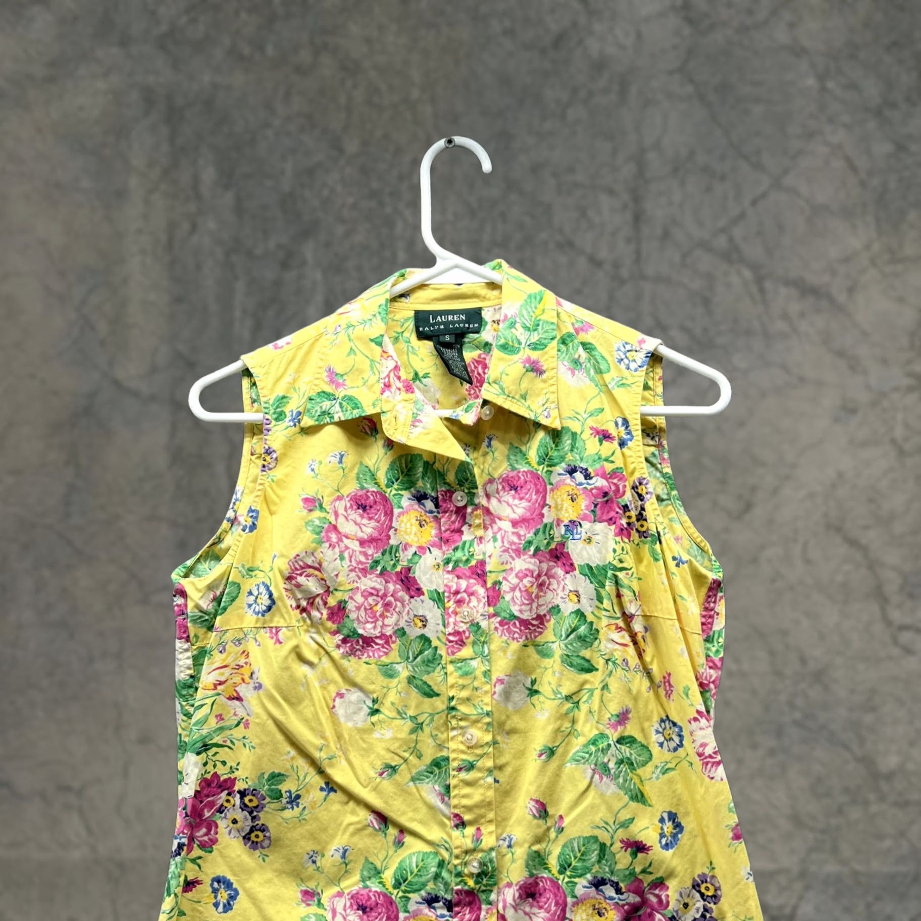 Ralph Lauren VINTAGE Lauren Ralph Lauren Shirt Women Small Floral Yellow Casual Button Down Sleeveless Size S / US 4 / IT 40 - 1 Thumbnail