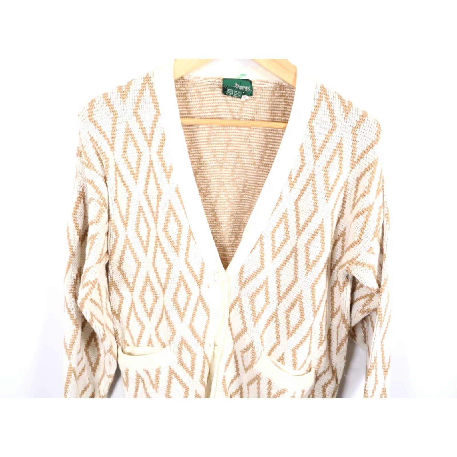 Vintage VINTAGE Boundary Waters Cardigan Womens Medium Ivory Diamond Pattern Sweater 90s Retro Geometric Knit Wool Blend V-Neck Long Sleeve Size M / US 6-8 / IT 42-44 - 4 Thumbnail