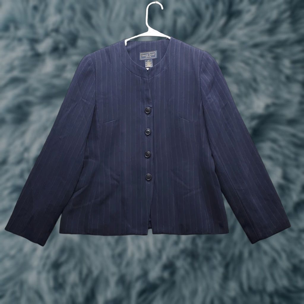Vintage VINTAGE Laura Scott 2 Piece Set Womens 10P Navy Pinstripe Long Sleeve Single Breasted Shirt Size L / US 10 / IT 46 - 1 Thumbnail