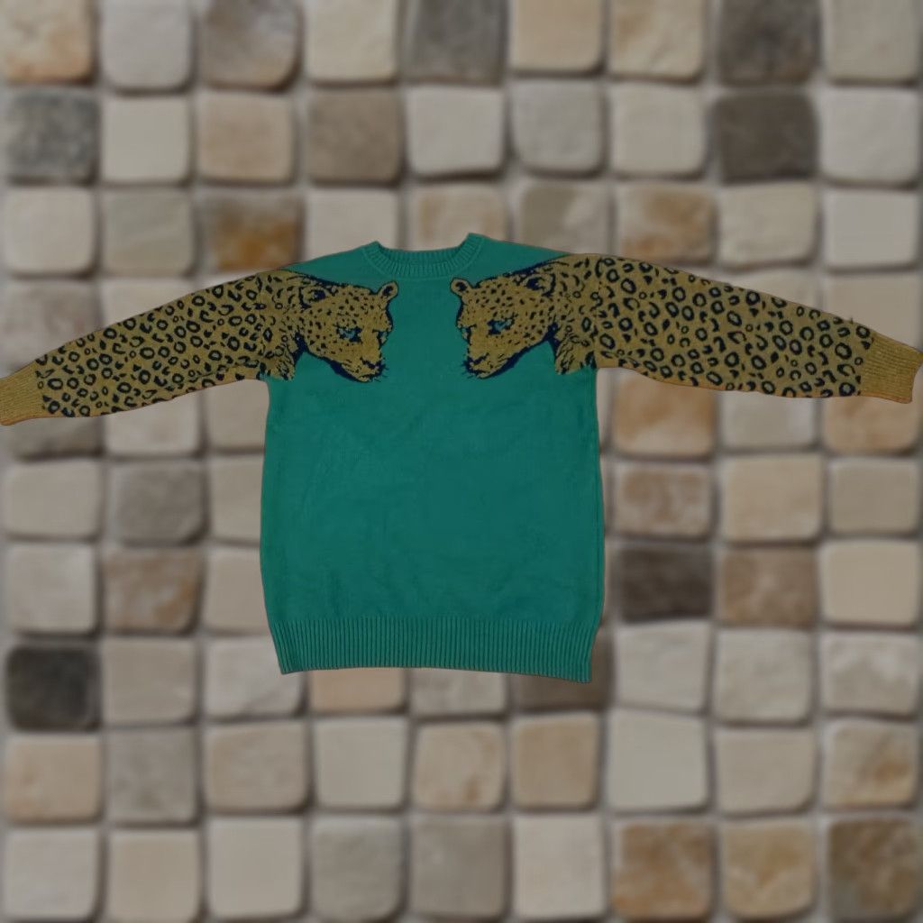 Vintage Leopard Head Sleeves Woman Small Knit Sweater Green Crew Neck Long Sleeve Pullover Knit Cotton Polyester Size S / US 4 / IT 40 - 1 Thumbnail