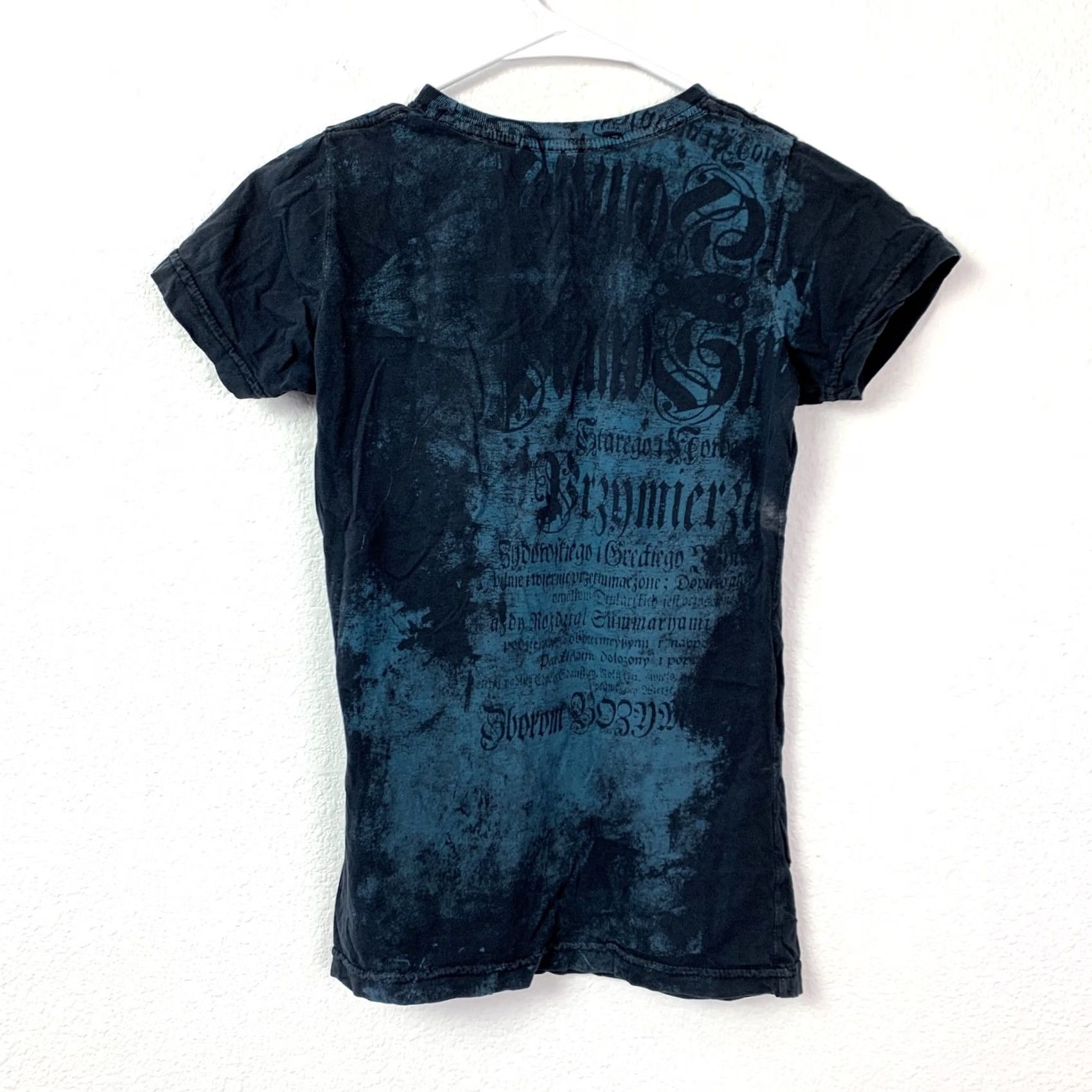 Affliction Archaic by Affliction T-Shirt Womens S Blue Black Crew Neck Graphic Print Rhinestone Studded Distressed Cap Sleeve 100 Cotton Casual Grunge Boho Size S / US 4 / IT 40 - 6 Thumbnail