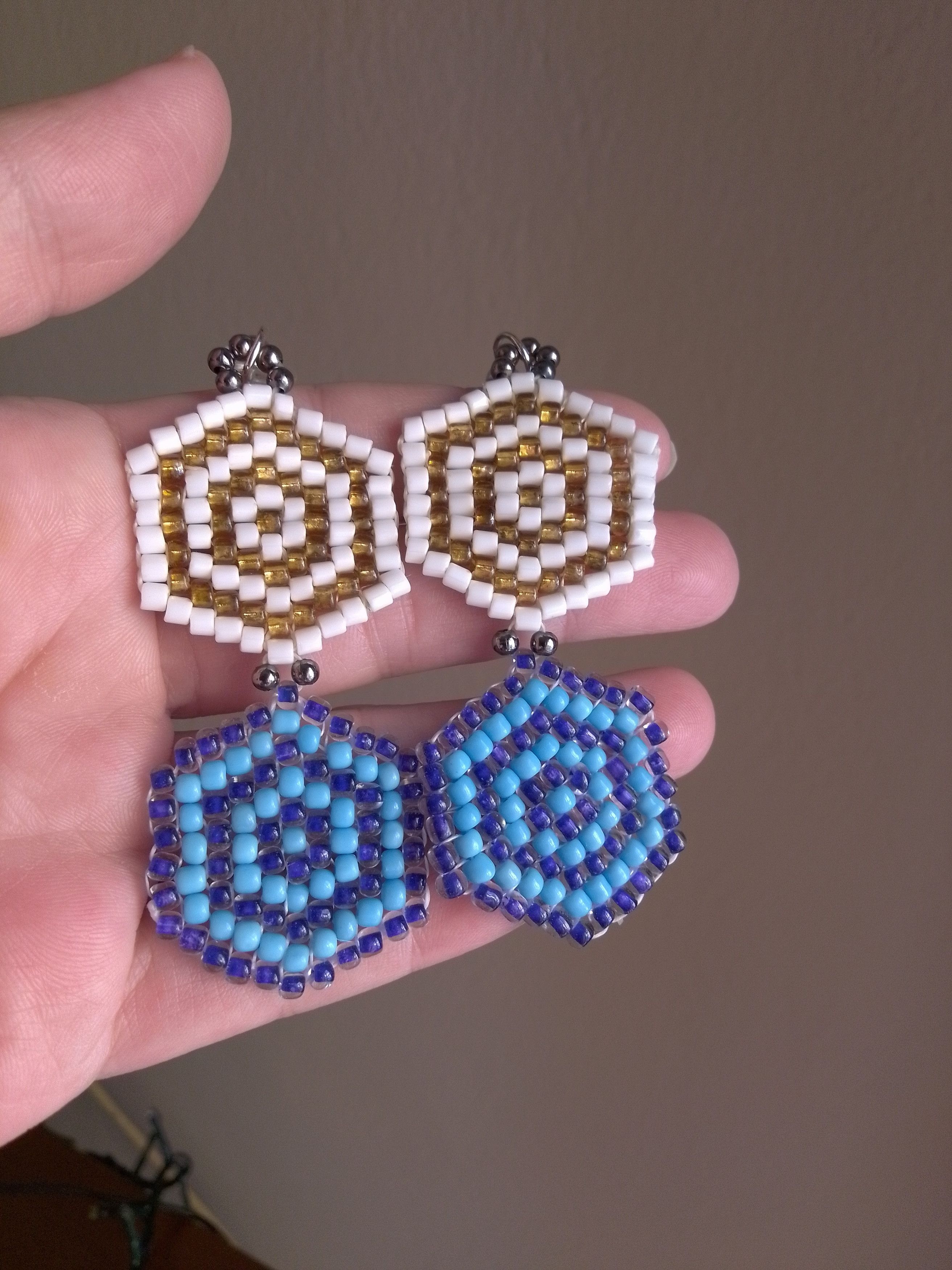 Handmade Earrings Embroidered Long Geometrical Blue Gold Ivory Size ONE SIZE - 5 Thumbnail