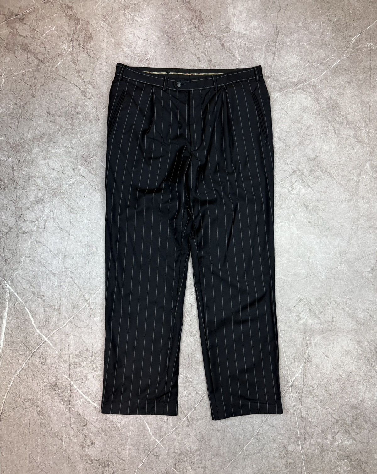 Burberry Burberry Pinstripe Pants Black Navy Wool Pleated Plaid Trim Size US 36 / EU 52 - 2 Thumbnail