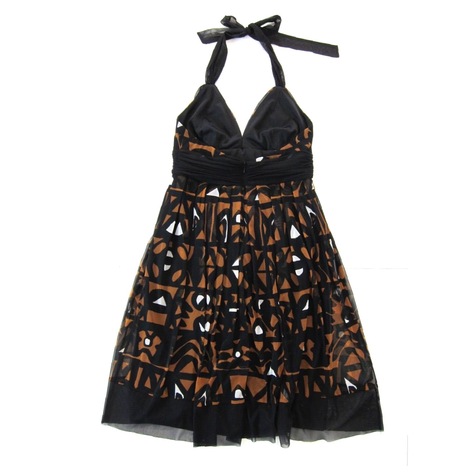 Vintage London Times Black Brown Geometric Stretched Halter V-Neck Empire Dress 12 Size XL / US 12-14 / IT 48-50 - 2 Thumbnail