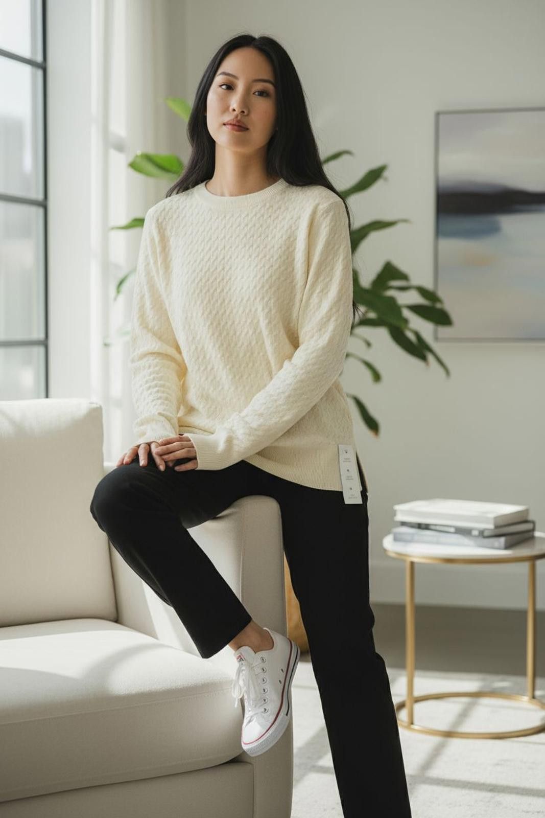 Other A New Day Women's Cream Textured Crew Neck Sweater Size M / US 6-8 / IT 42-44 - 2 Thumbnail