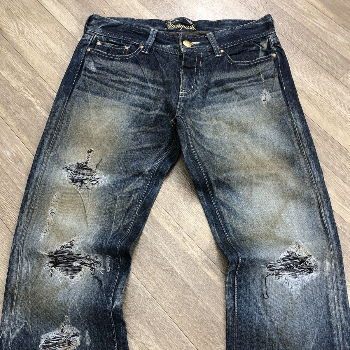 Vanquish 🇯🇵2000s Vanquish Distressed Painted Punk Bootcut Flared Jeans Size US 31 - 2 Thumbnail