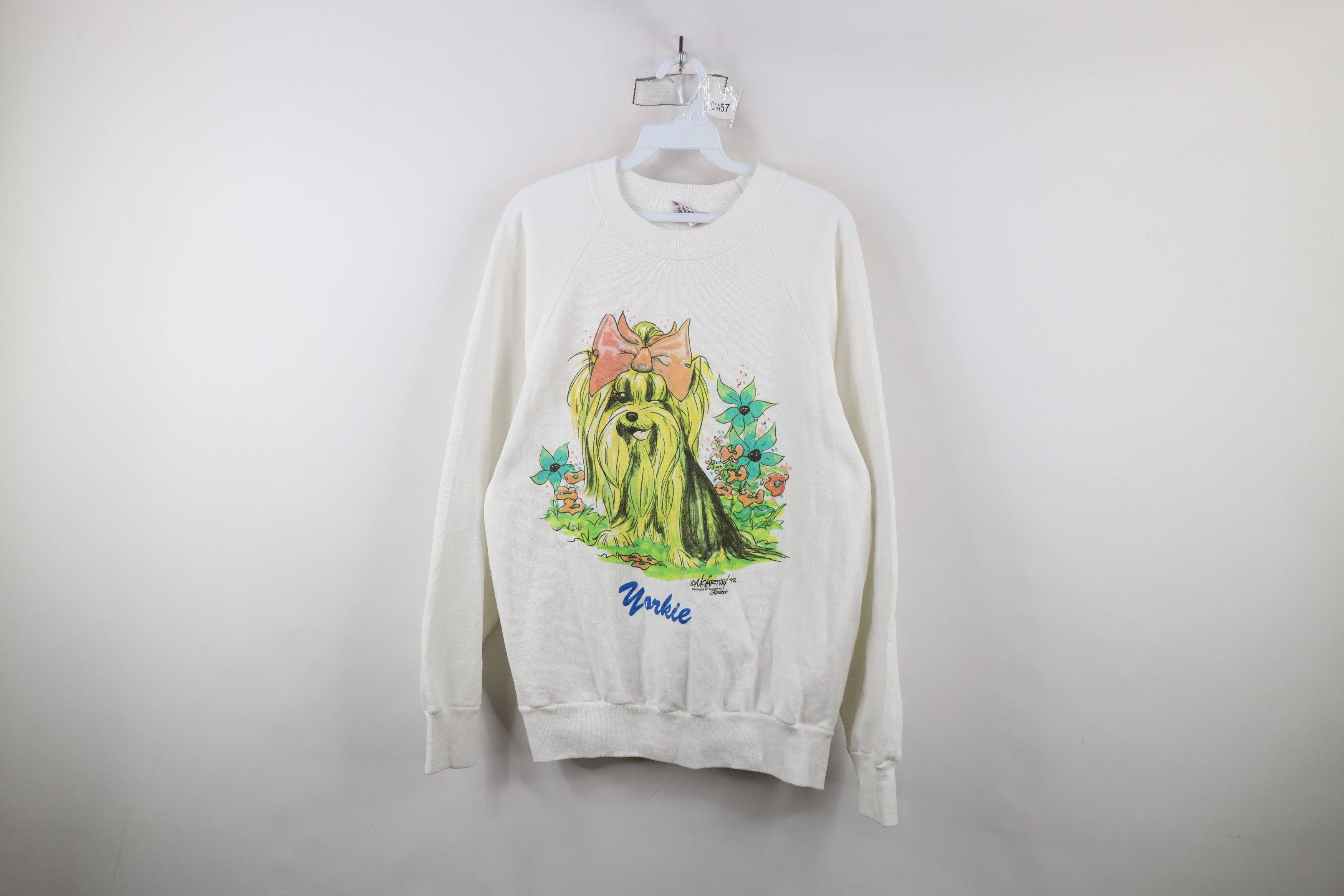 Vintage Vtg 90s Streetwear Dog Flower Crewneck Sweatshirt White USA Size L / US 10 / IT 46 - 1 Thumbnail