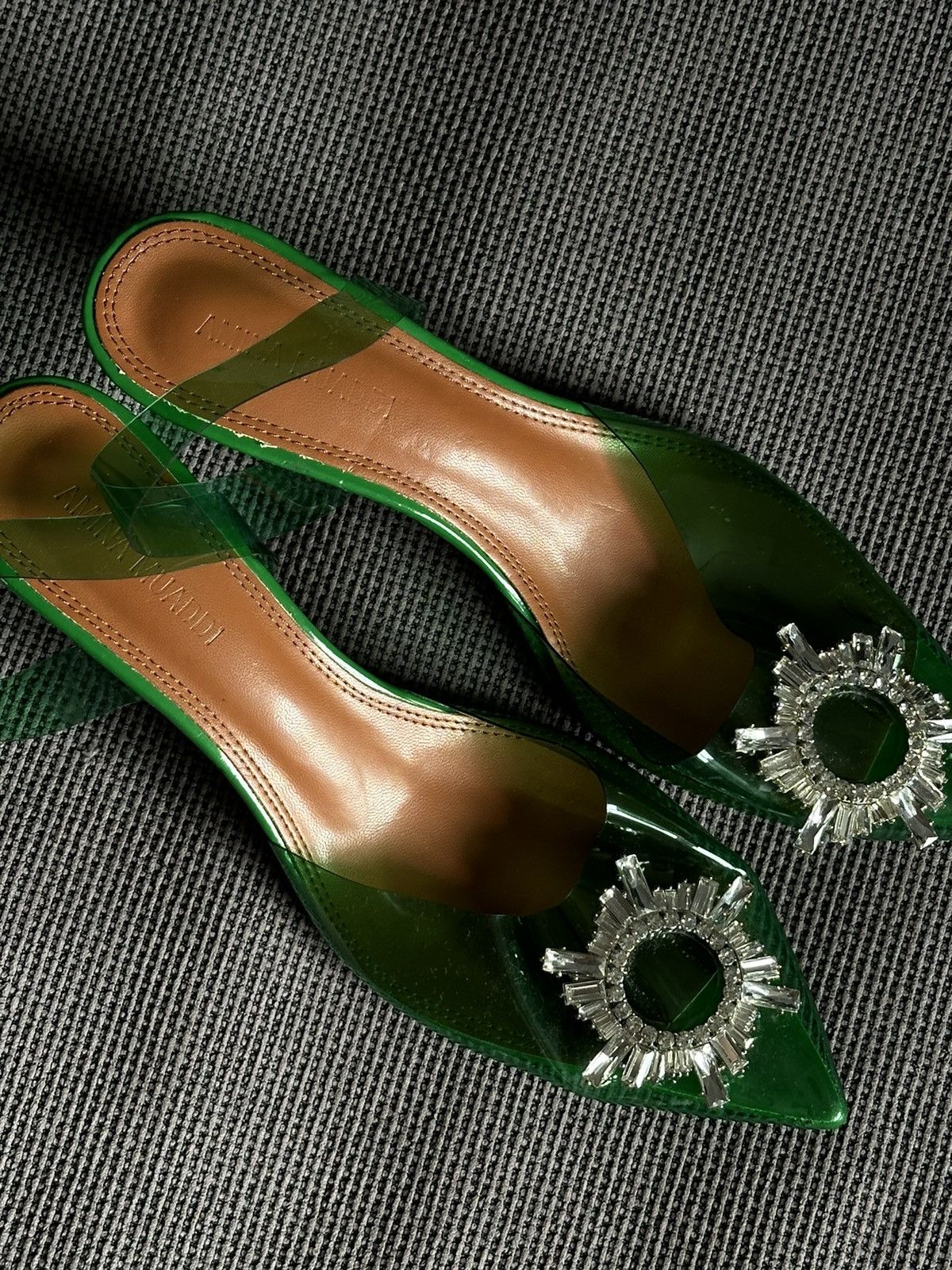 Amina Muaddi × Designer Amina Muaddi 95 Begum Glass PVC Green Clear Sling crystal 42 Size US 12 / IT 42 - 4 Thumbnail
