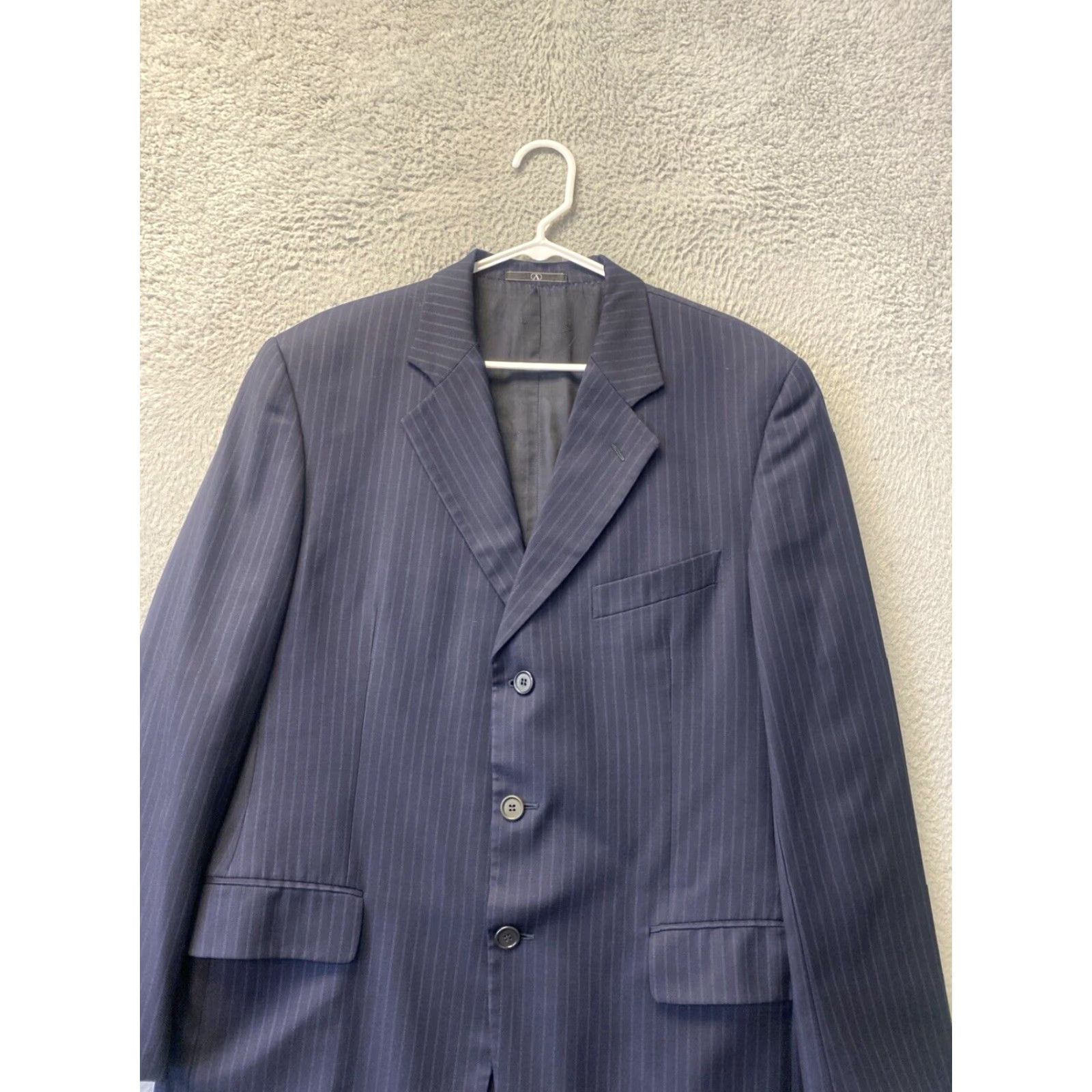 Valentino VALENTINO Blazer Mens 44R Dark Blue Pinstripe Wool Double-Vented Formal Vintage Design Size 44R - 2 Thumbnail
