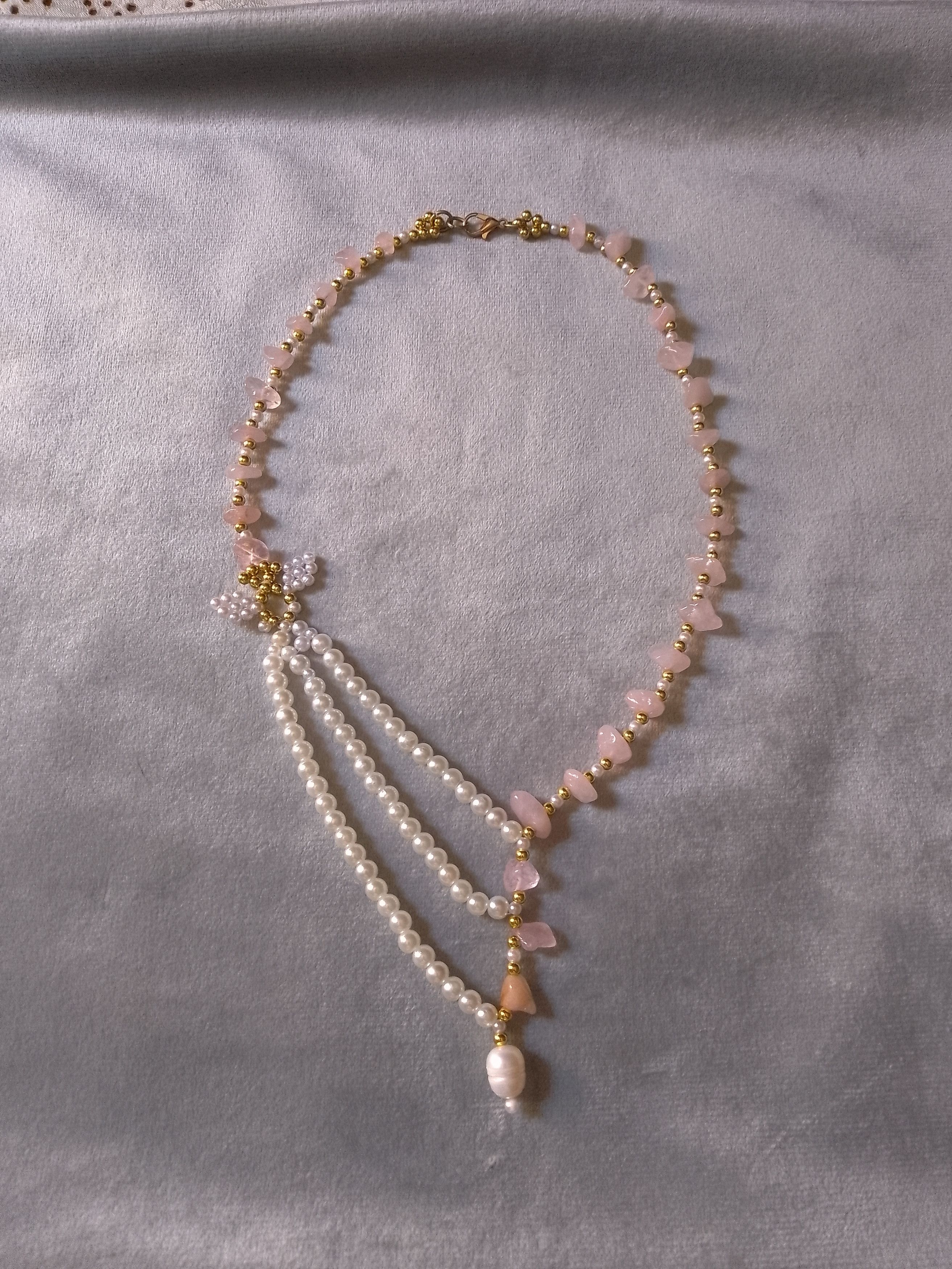 Handmade Necklace Rose Quartz Pearls Elegant Multi thread Size ONE SIZE - 4 Thumbnail