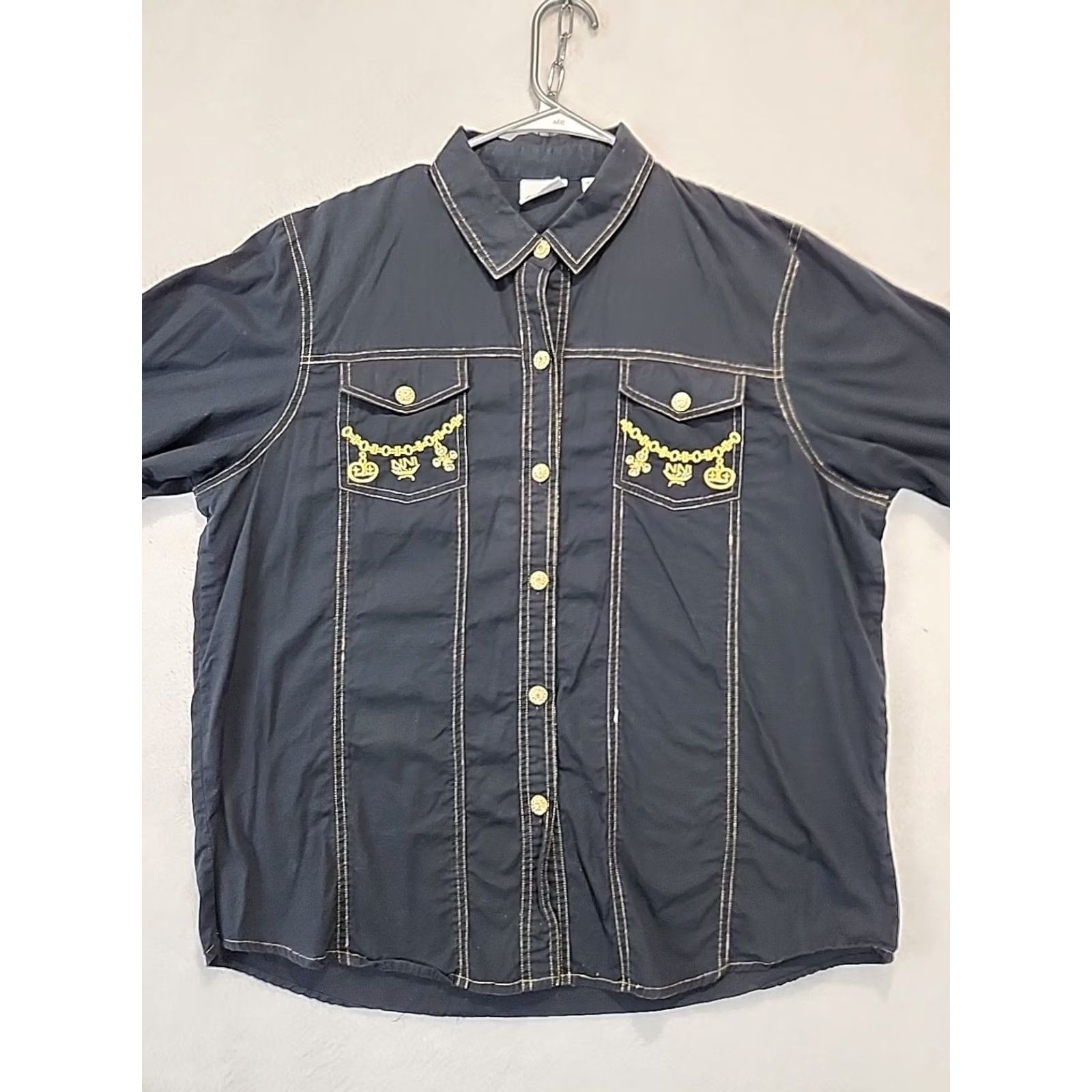 Vintage VINTAGE Styleworks Black Button-Up Cotton Blouse Gold Embellishments Womens Sz 16 Regular Fit Long Sleeve Rhinestone Cardigan not included? Size XXL / US 16-18 / IT 52-54 - 2 Thumbnail