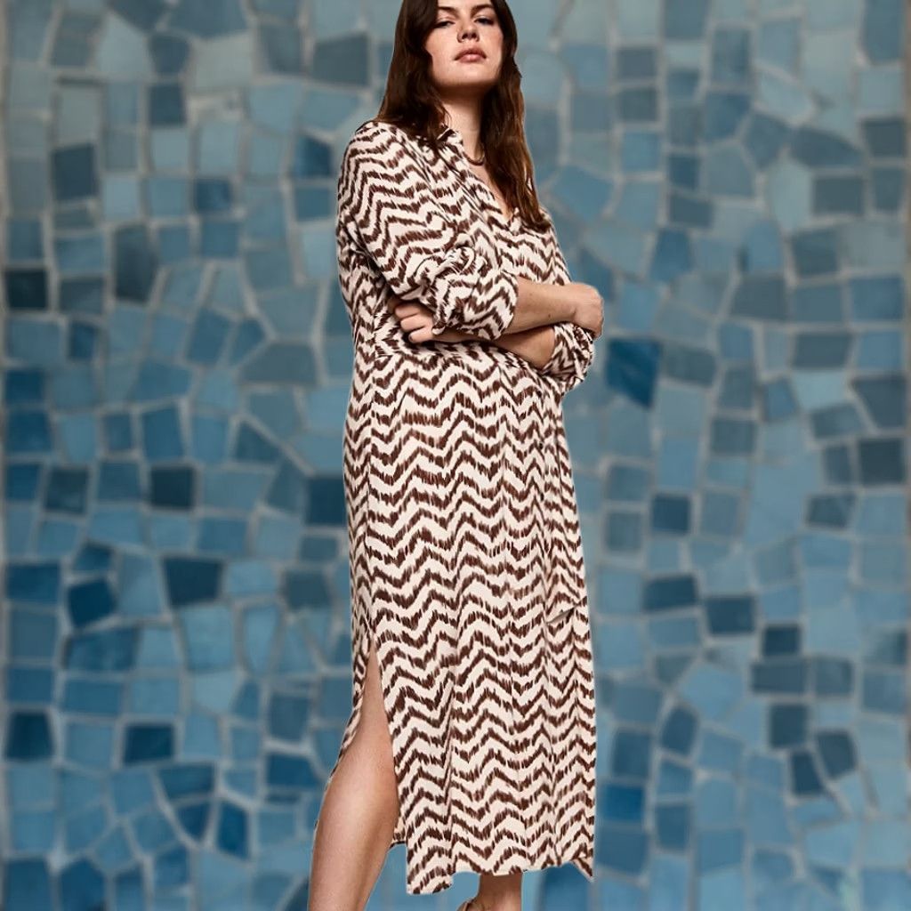 Mango Mango MNG Grape Geometric Midi Shirt Dress Brown Ivory Women's Size 20 Plus NWT Fashion Shirt Dress Womens Size 3XL / US 20-22 - 1 Thumbnail