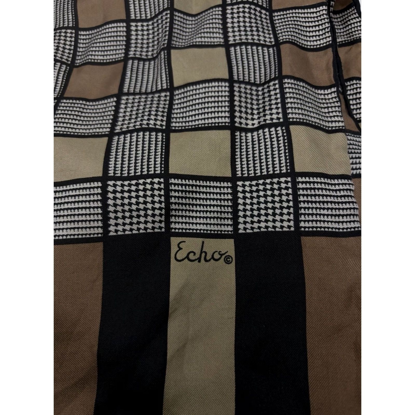 Vintage VINTAGE ECHO Silk Scarf Rectangle Scarf Women Black Brown Check Art Deco Multifunctional 44" x 14" Size ONE SIZE - 4 Thumbnail