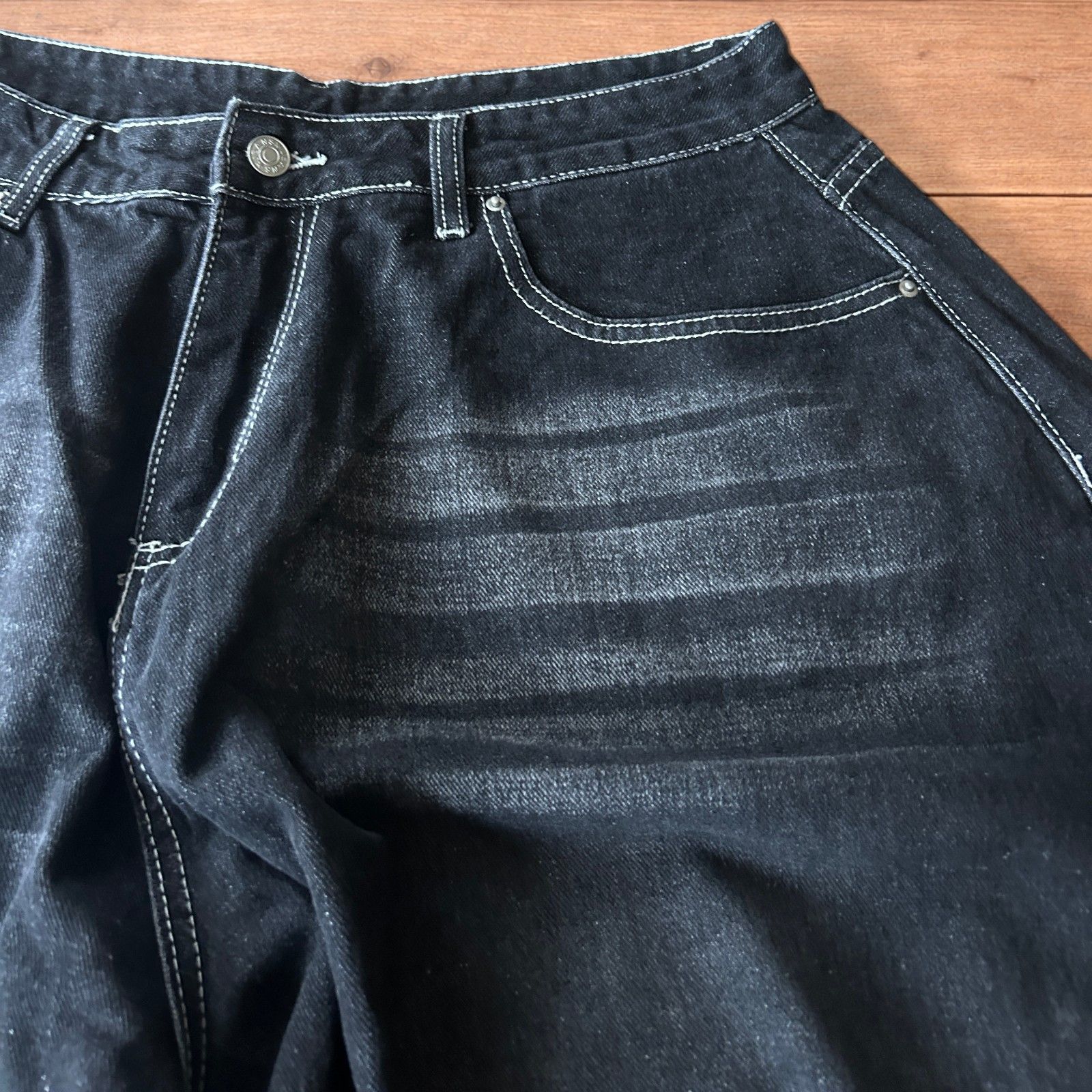 Japanese Brand Super baggy wide leg balloon fit jeans in washed black. Size US 30 / EU 46 - 3 Thumbnail