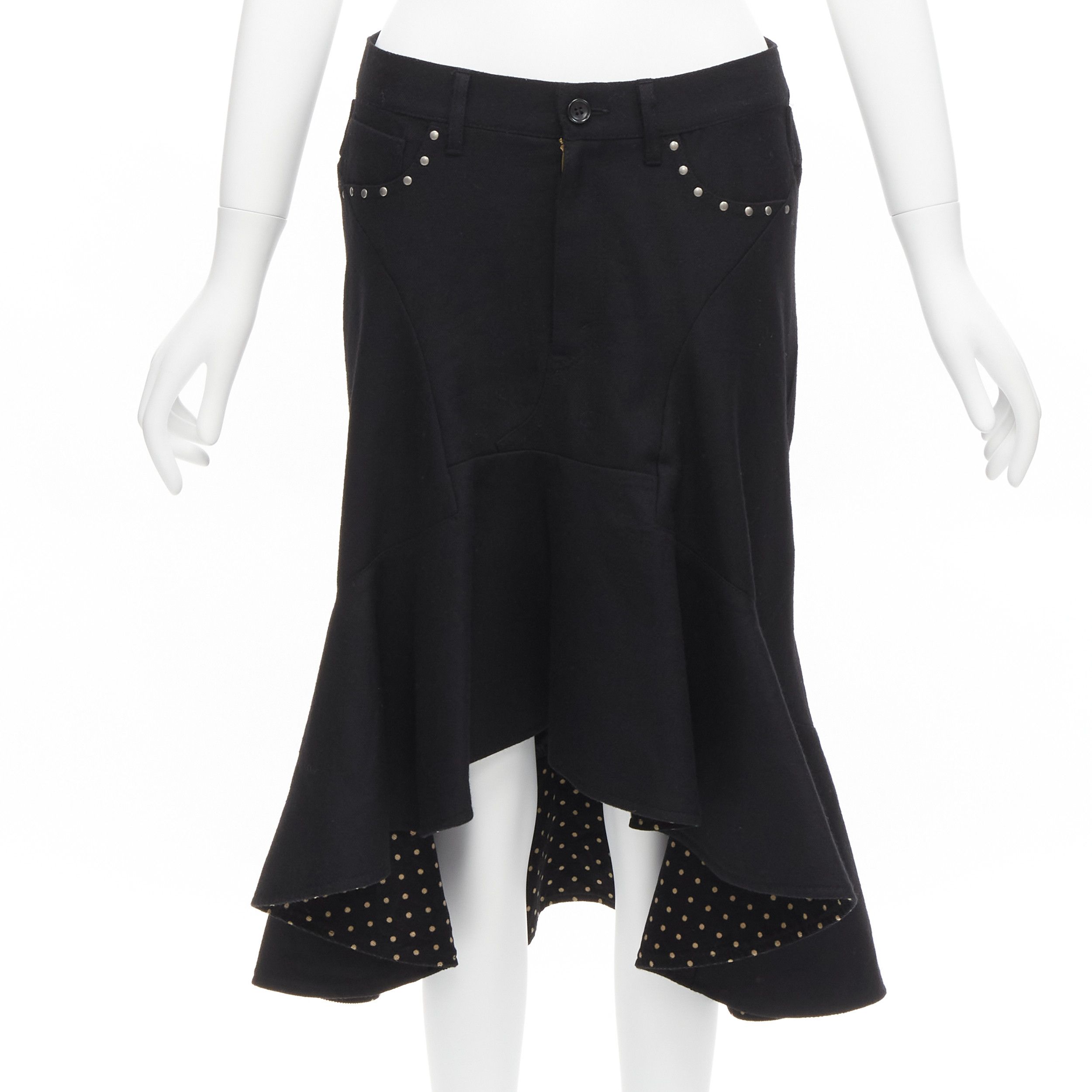 Junya Watanabe JUNYA WATANABE 2013 black wool studded pocket polka dot lined deconstructed flare skirt S Size 27" / US 4 / IT 40 - 1 Thumbnail