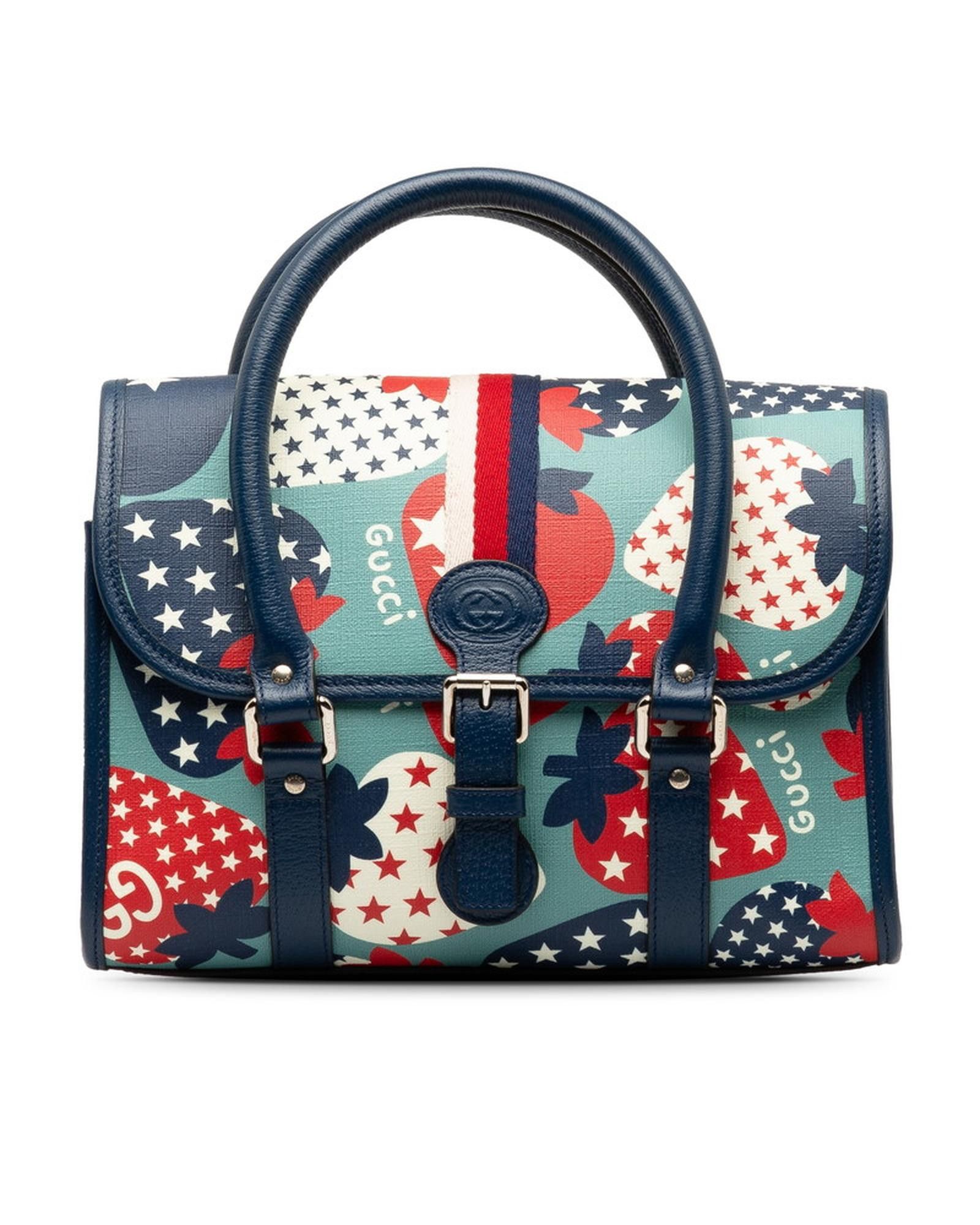 image of Gucci Blue Strawberry Print Top Handle Bag In Excellent Condition, Women's
