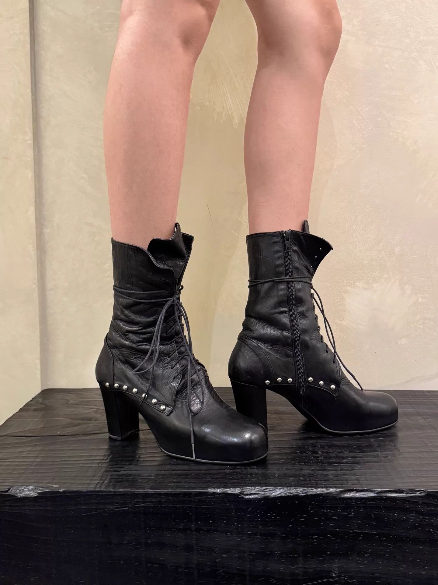 Other Japanese Brand Dark Black Strappy Short Boots 38 8cm Size US 7.5 / IT 37.5 - 1 Thumbnail