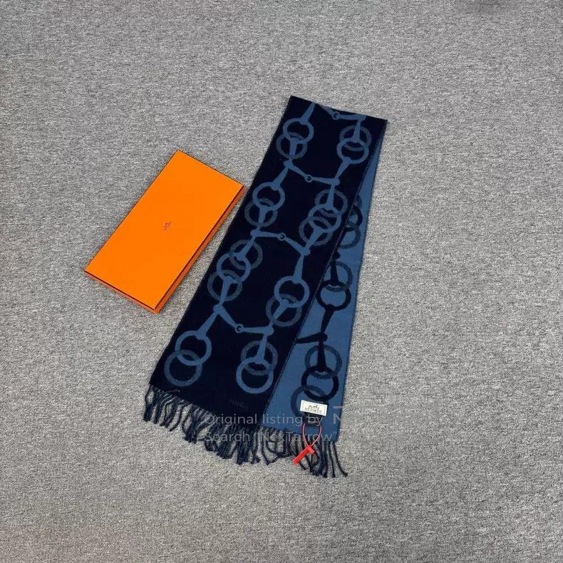 Hermes Hermes Navy Blue Horse-bit Pattern Cashmere Scarf Size ONE SIZE - 1 Thumbnail