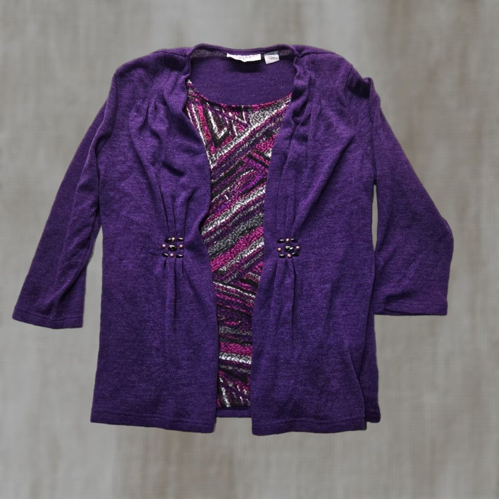 Vintage Sag Harbor Cardigan Sweater Shirt Adult Women L Purple Satin Buttons Pockets Tight Knit Vintage No? Wait. Size L / US 10 / IT 46 - 1 Thumbnail