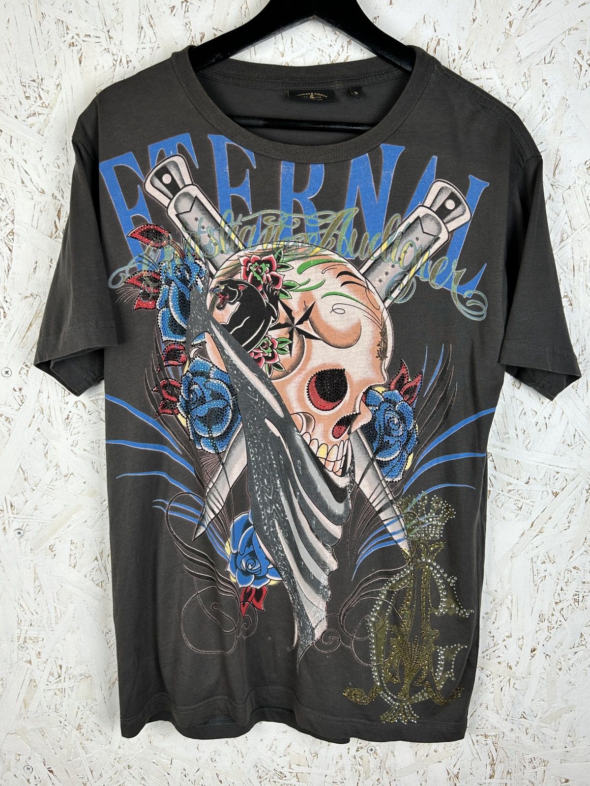 Christian Audigier 00s Vintage Christian Audigier Ed Hardy Skull Rhinestone Tee Size US M / EU 48-50 / 2 - 1 Thumbnail