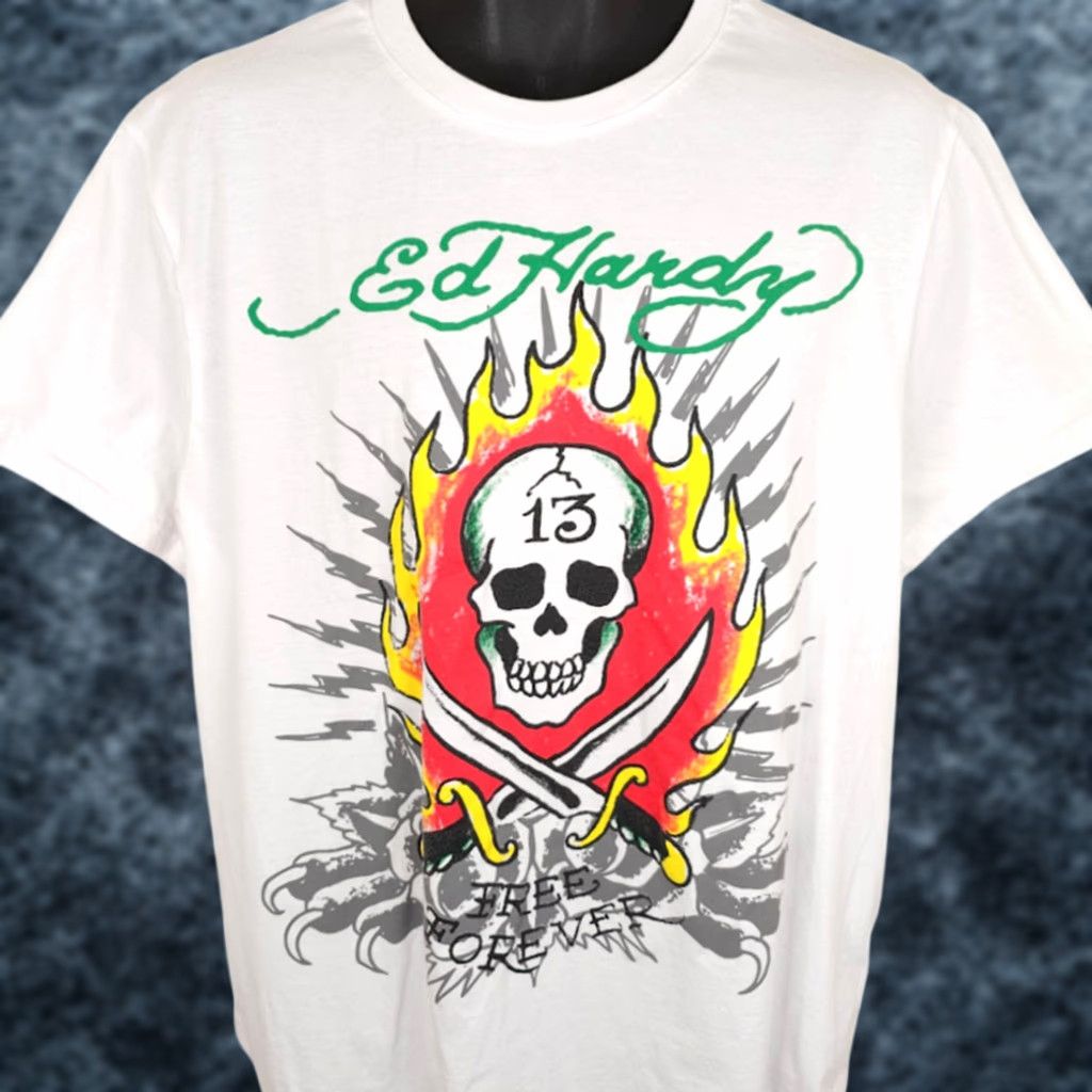 Ed Hardy Ed Hardy T Shirt Mens XL White Flaming Skull Free Forever Size US XL / EU 56 / 4 - 1 Thumbnail