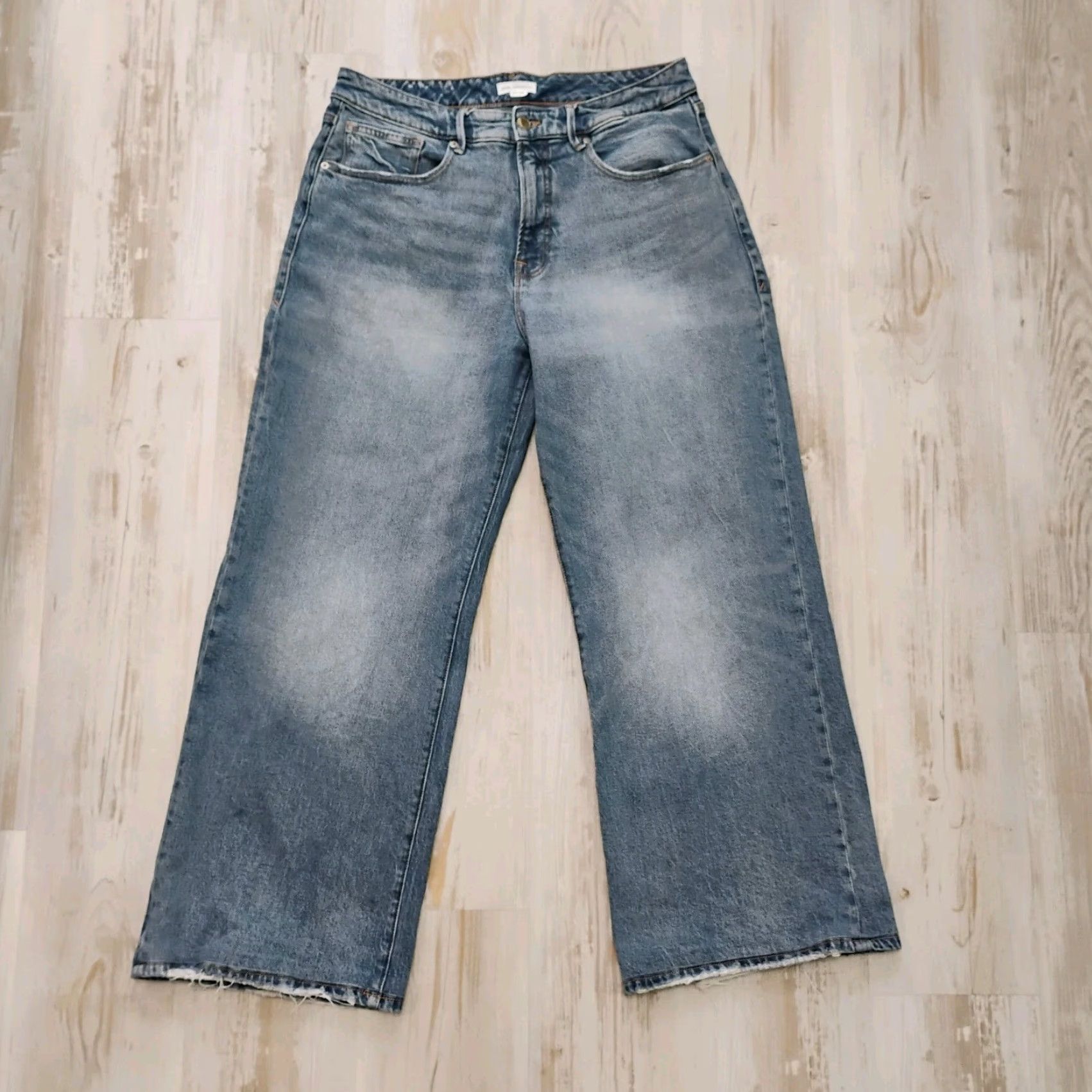 Good American Jeans Distressed Wide Leg Baggy Stretch Medium Wash 10 34x29 Blue Womens Jeans