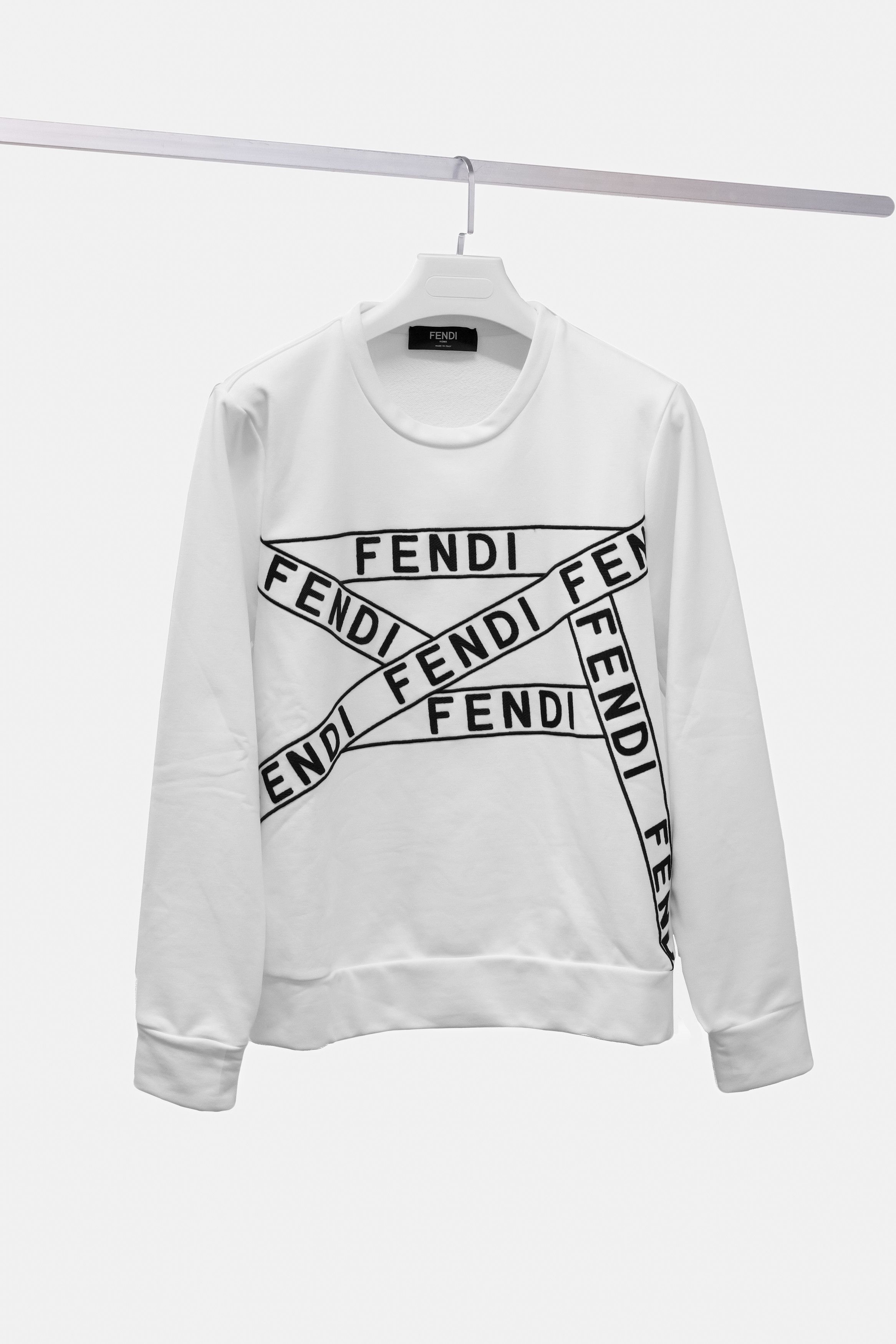 image of Fendi White Logo Tape Sweater, Men's (Size Small)